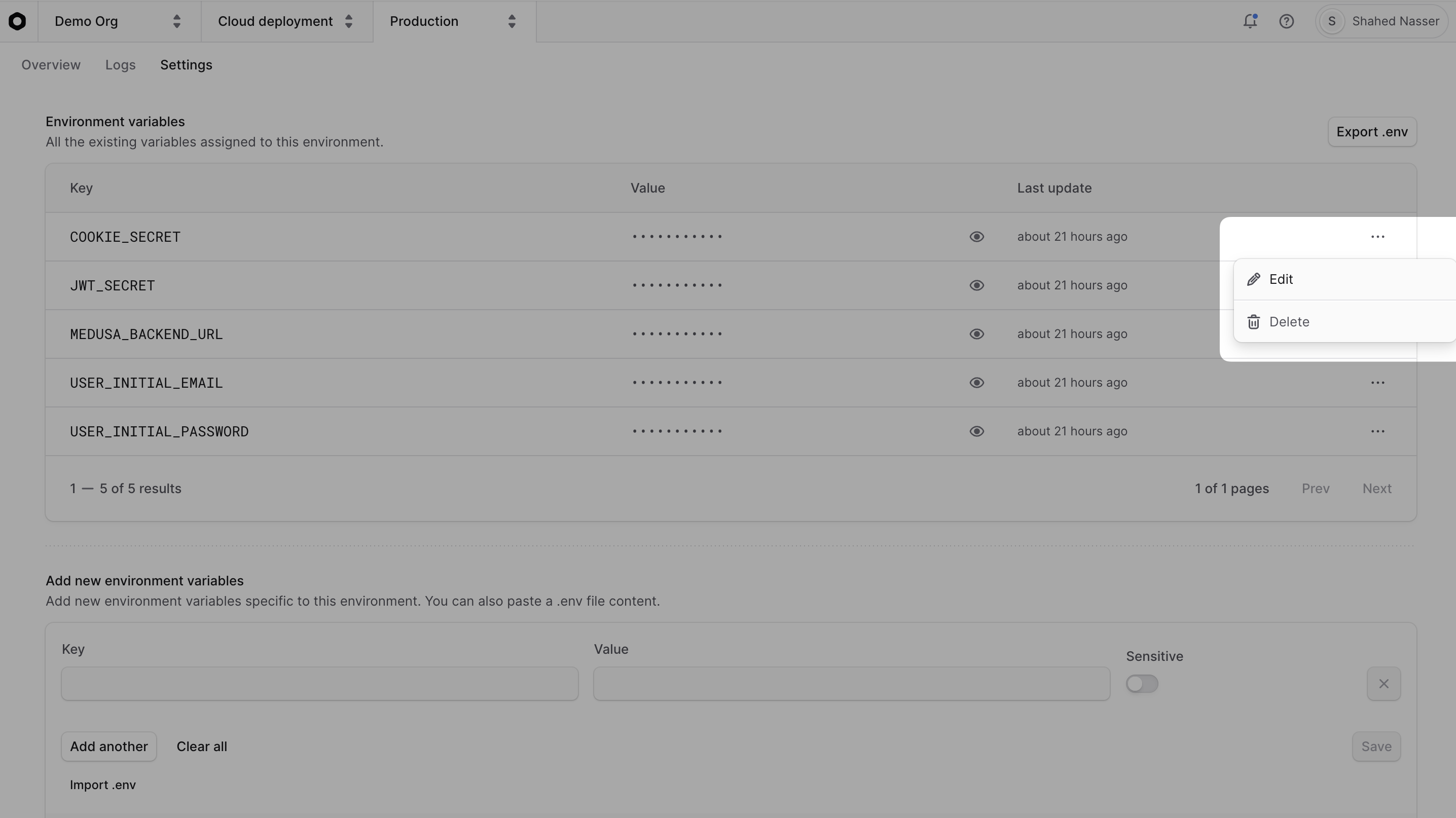 Edit environment variable in the environment's settings tab