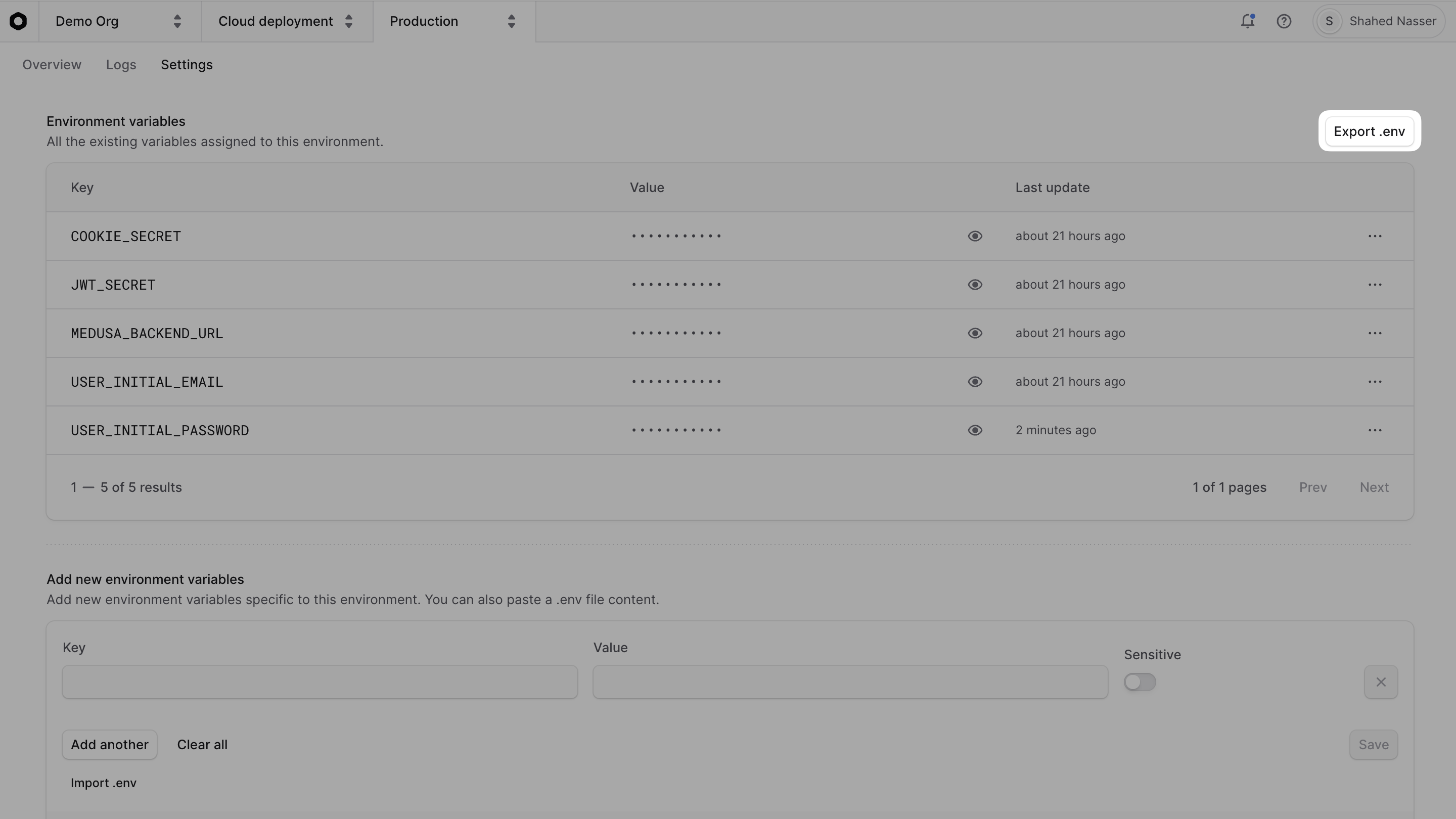 Export env button in the environment's settings tab