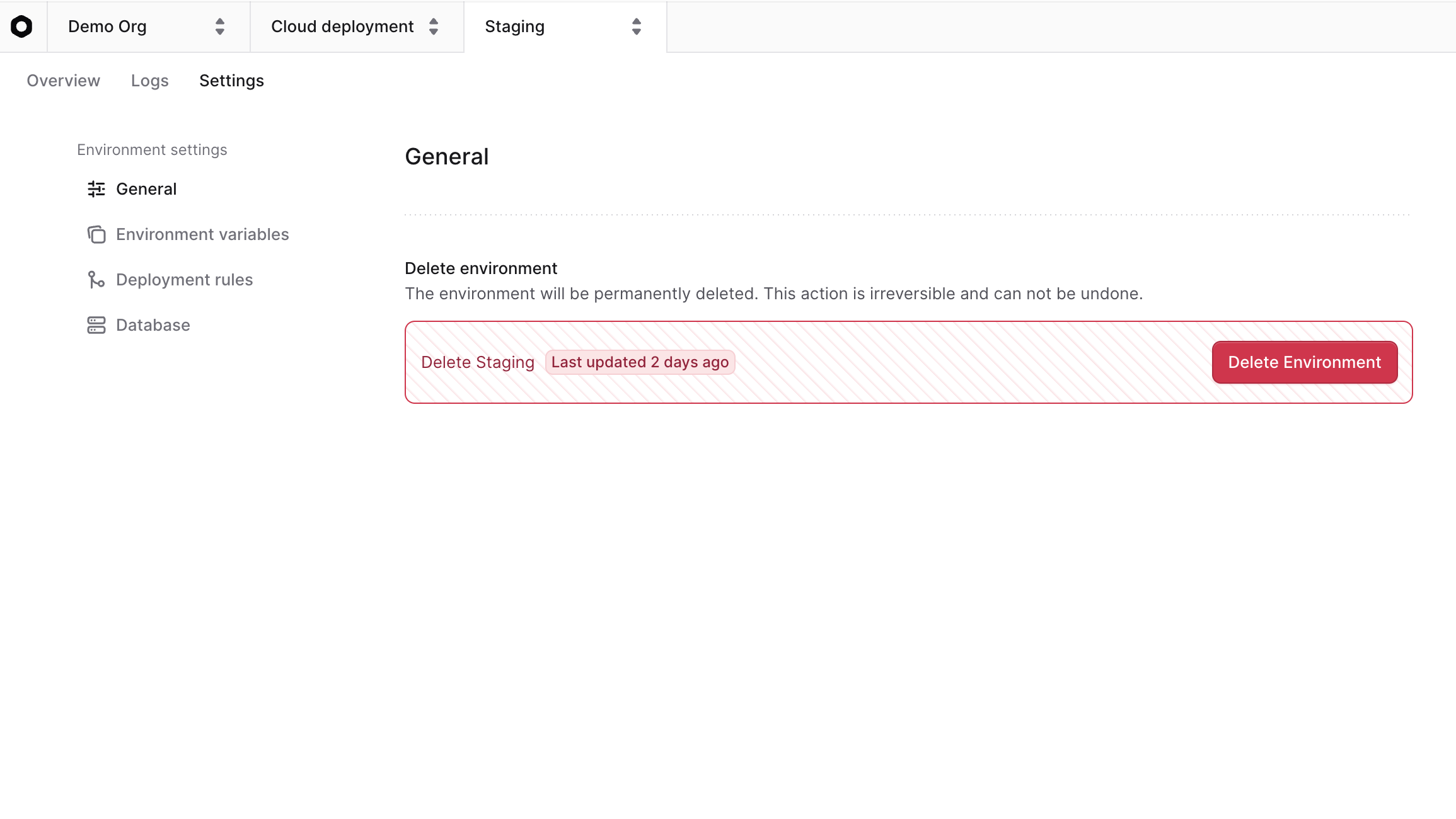 Delete environment button in the environment's settings tab