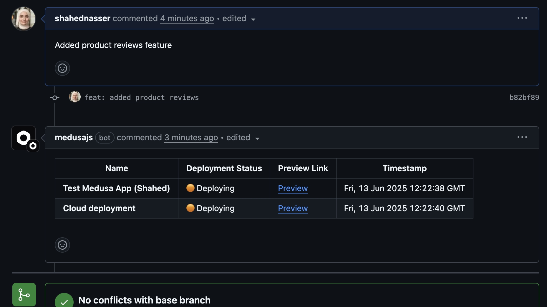 Preview environment deployment comment in GitHub PR