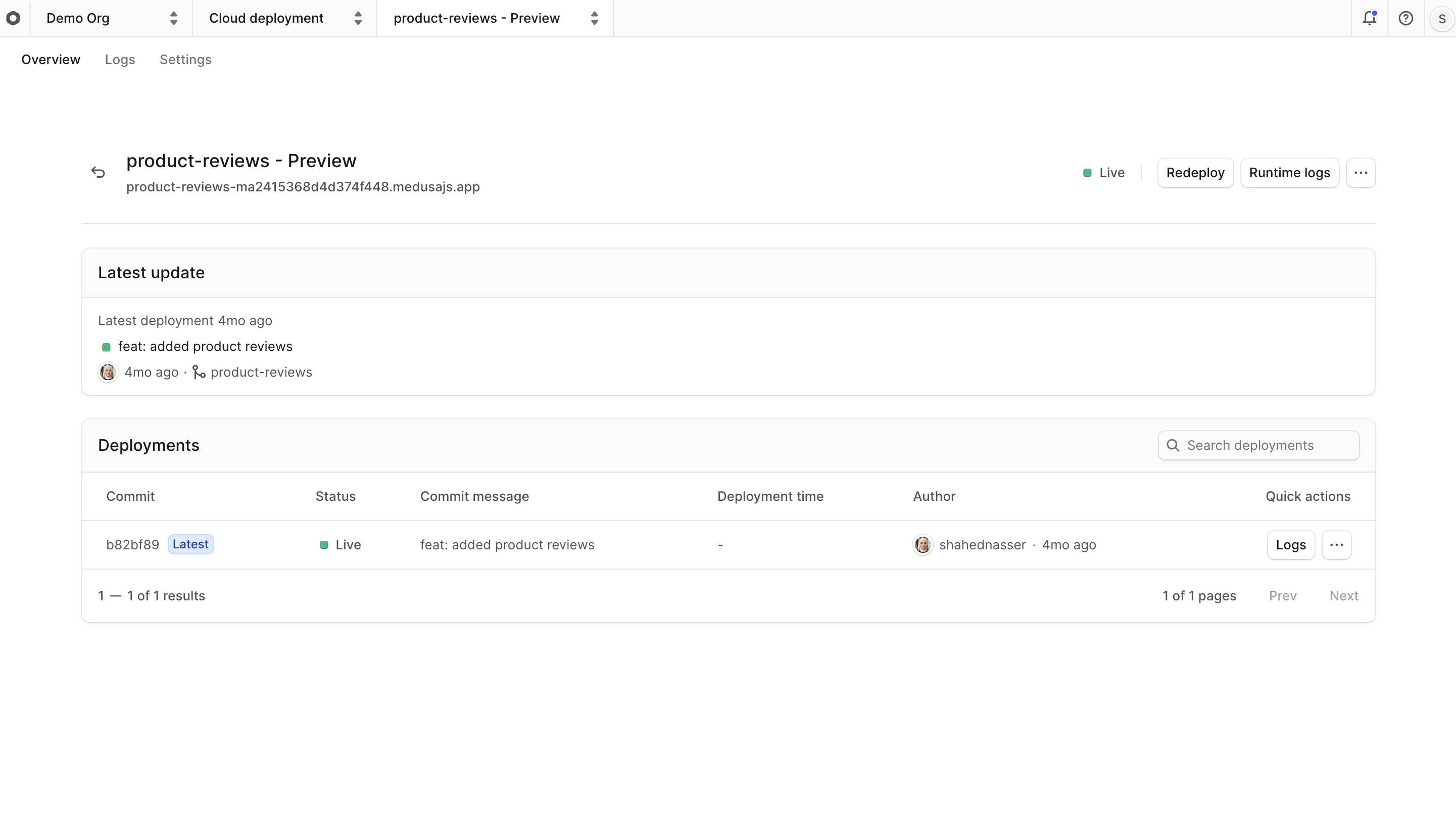 Preview environment dashboard