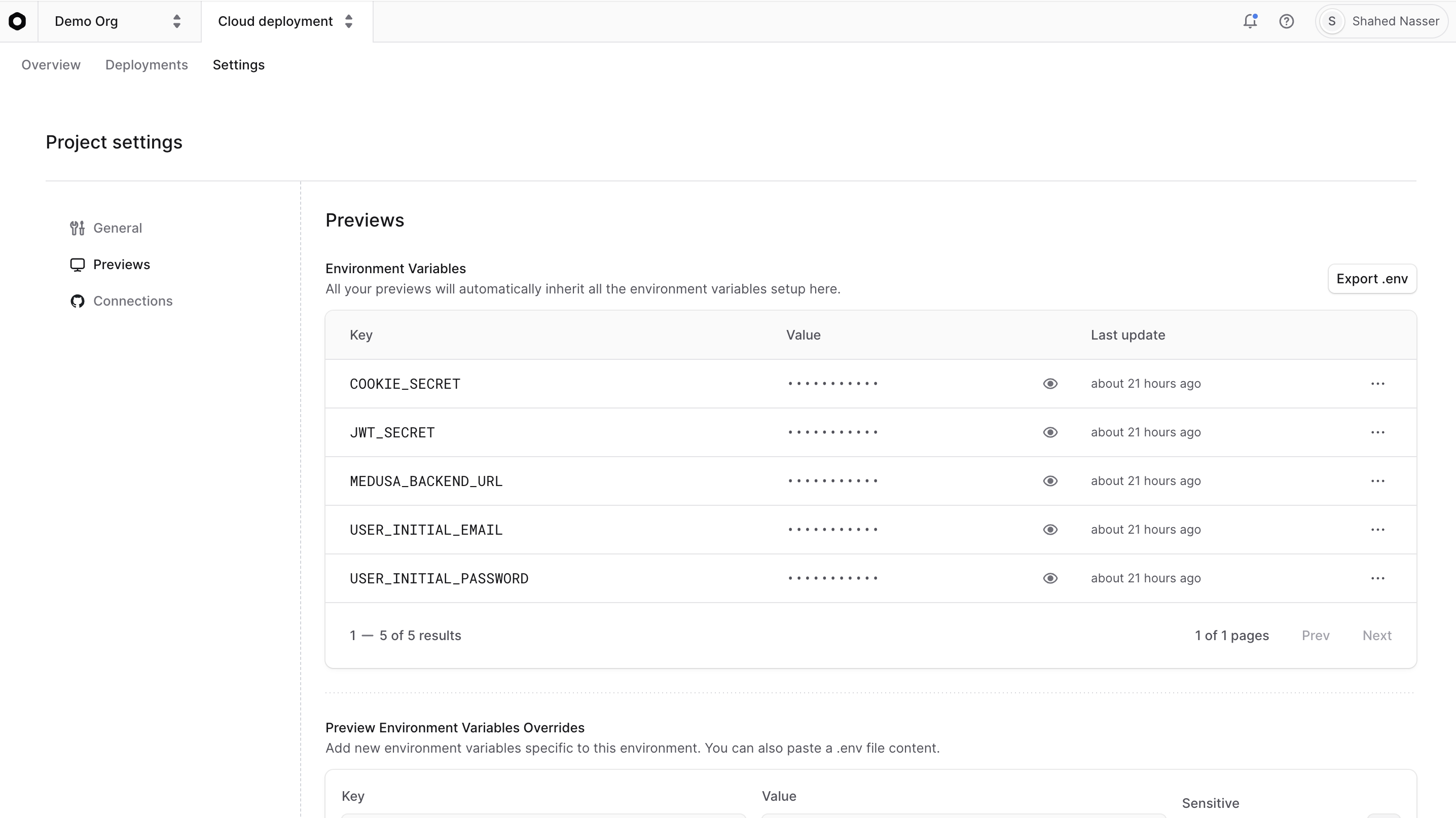 Previews settings in the project's settings tab