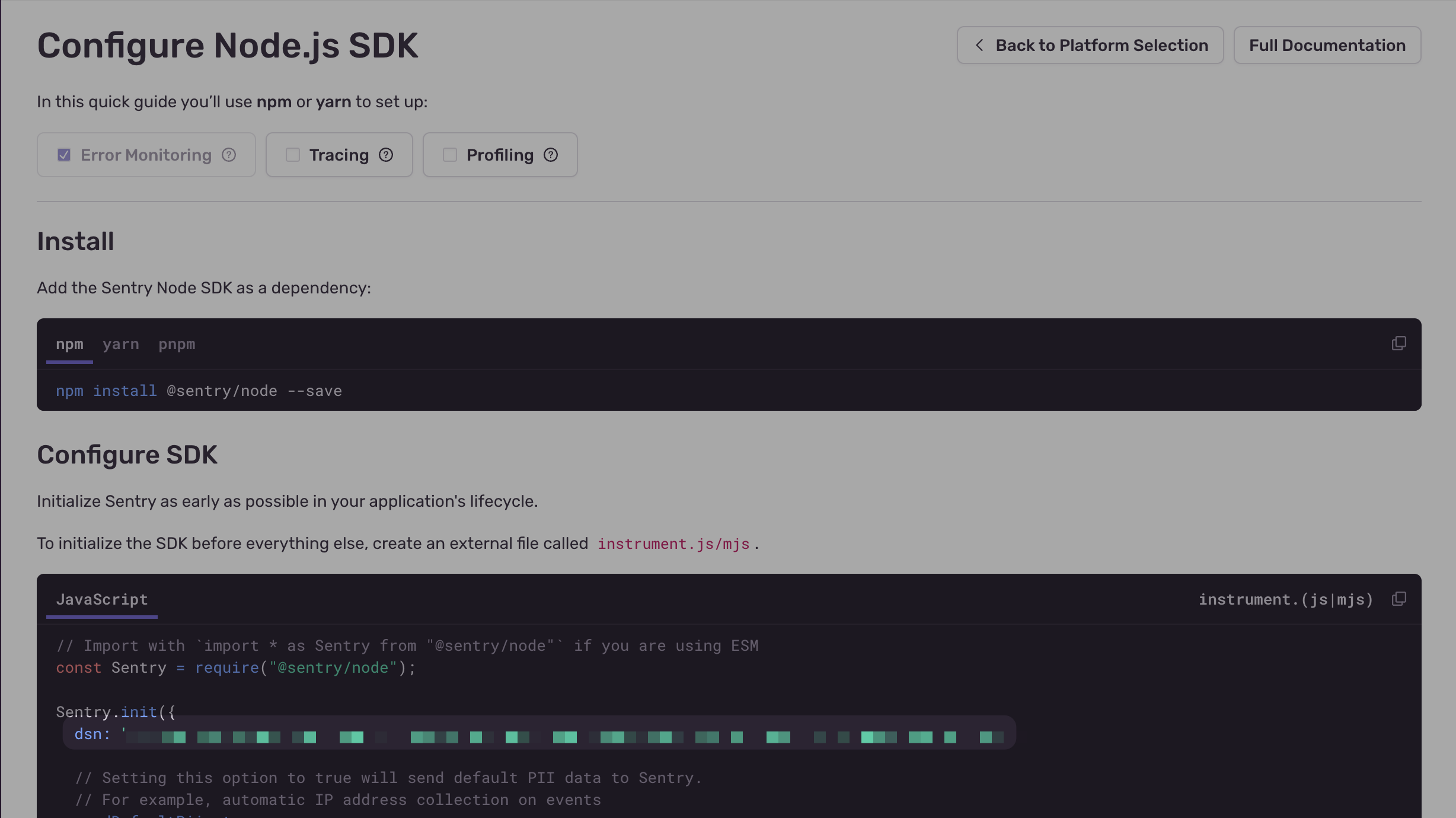 Screenshot of the Configure Node.js SDK step with the DSN highlighted