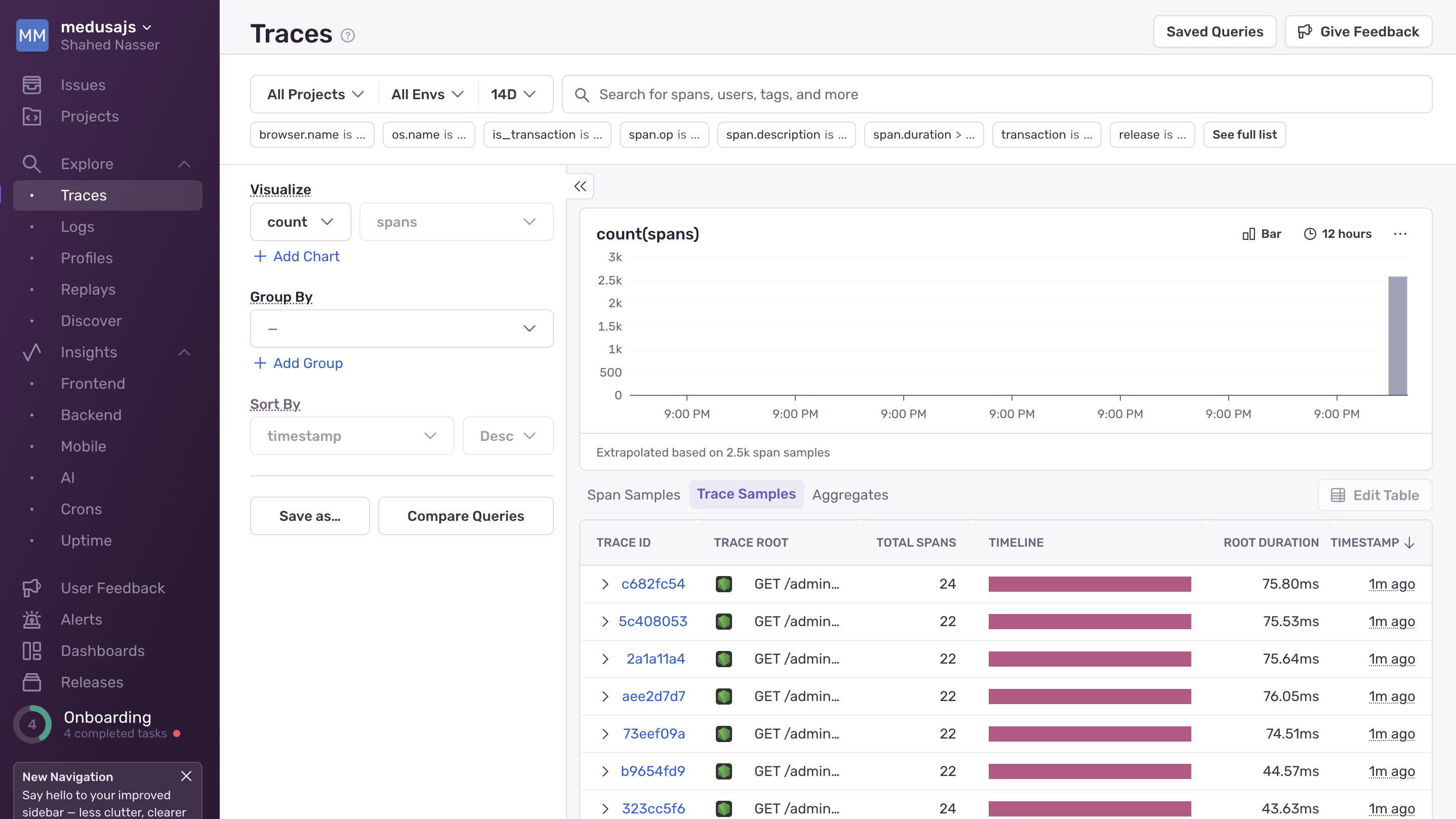 Sentry dashboard with traces listed