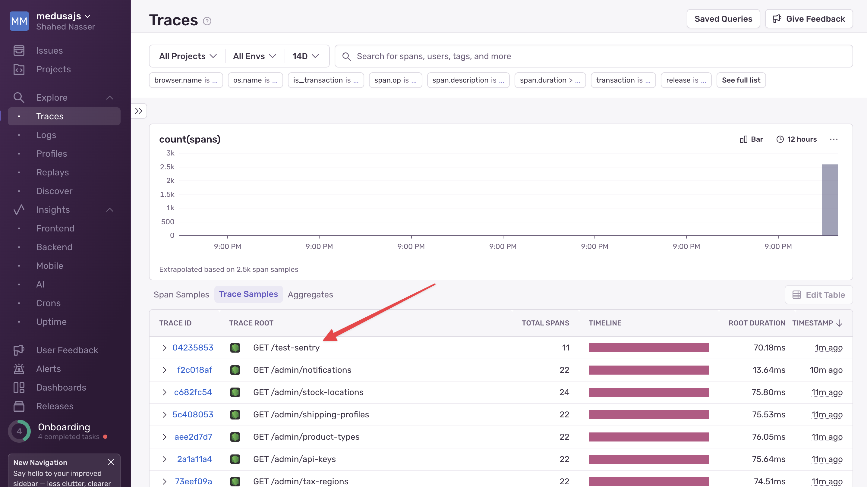 Trace dashboard with the test API route trace