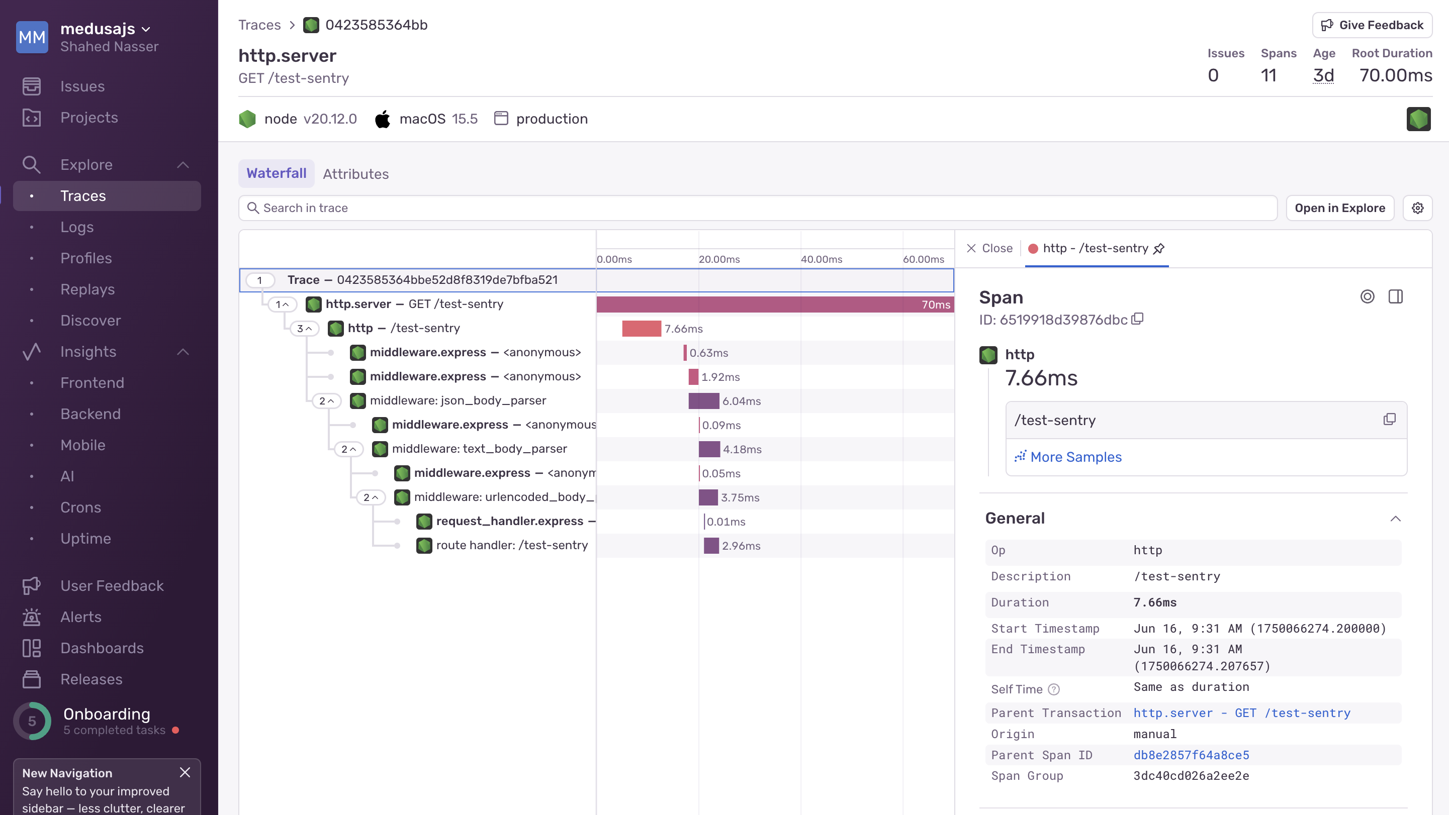 Sentry trace details with error breadcrumbs