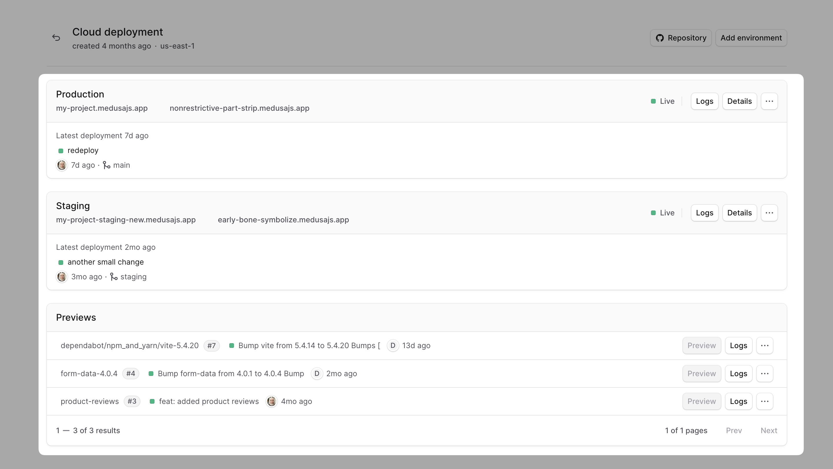 Project dashboard showing the environment cards