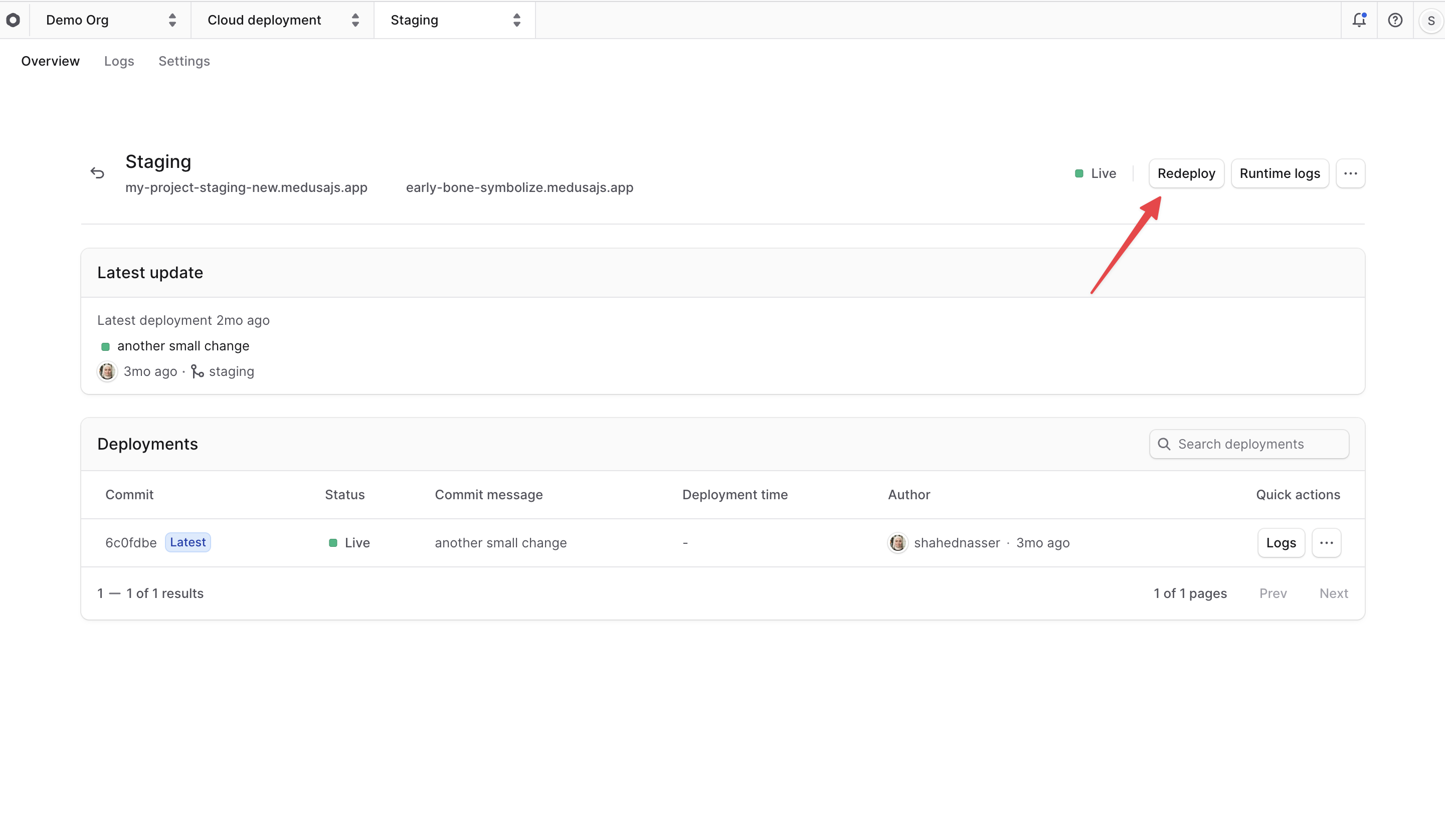 Redeploy button at the top right of the environment's dashboard