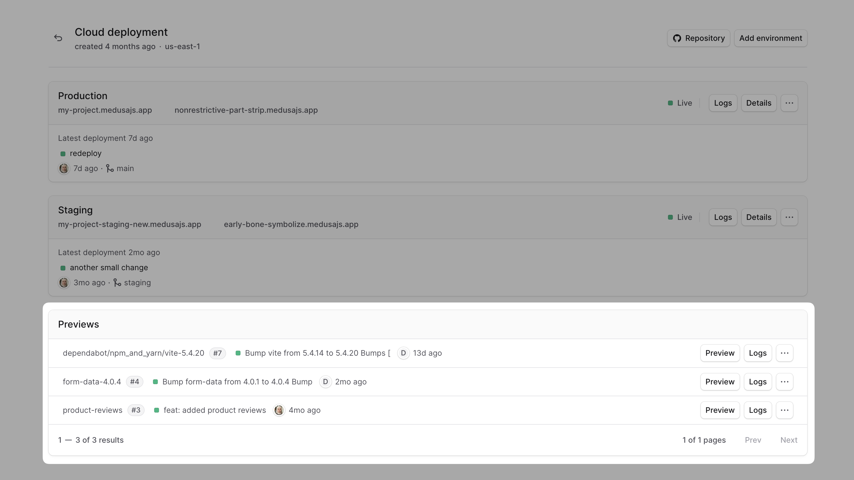 Project dashboard with the Previews card highlighted