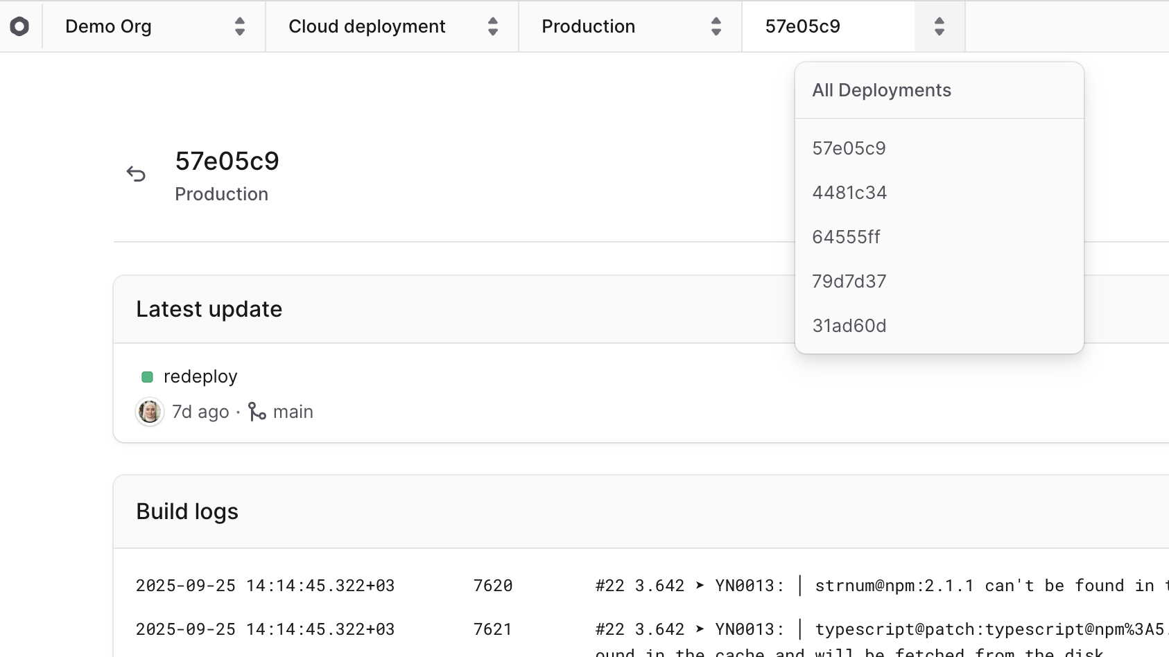 Deployment switcher at the top of the deployment details page