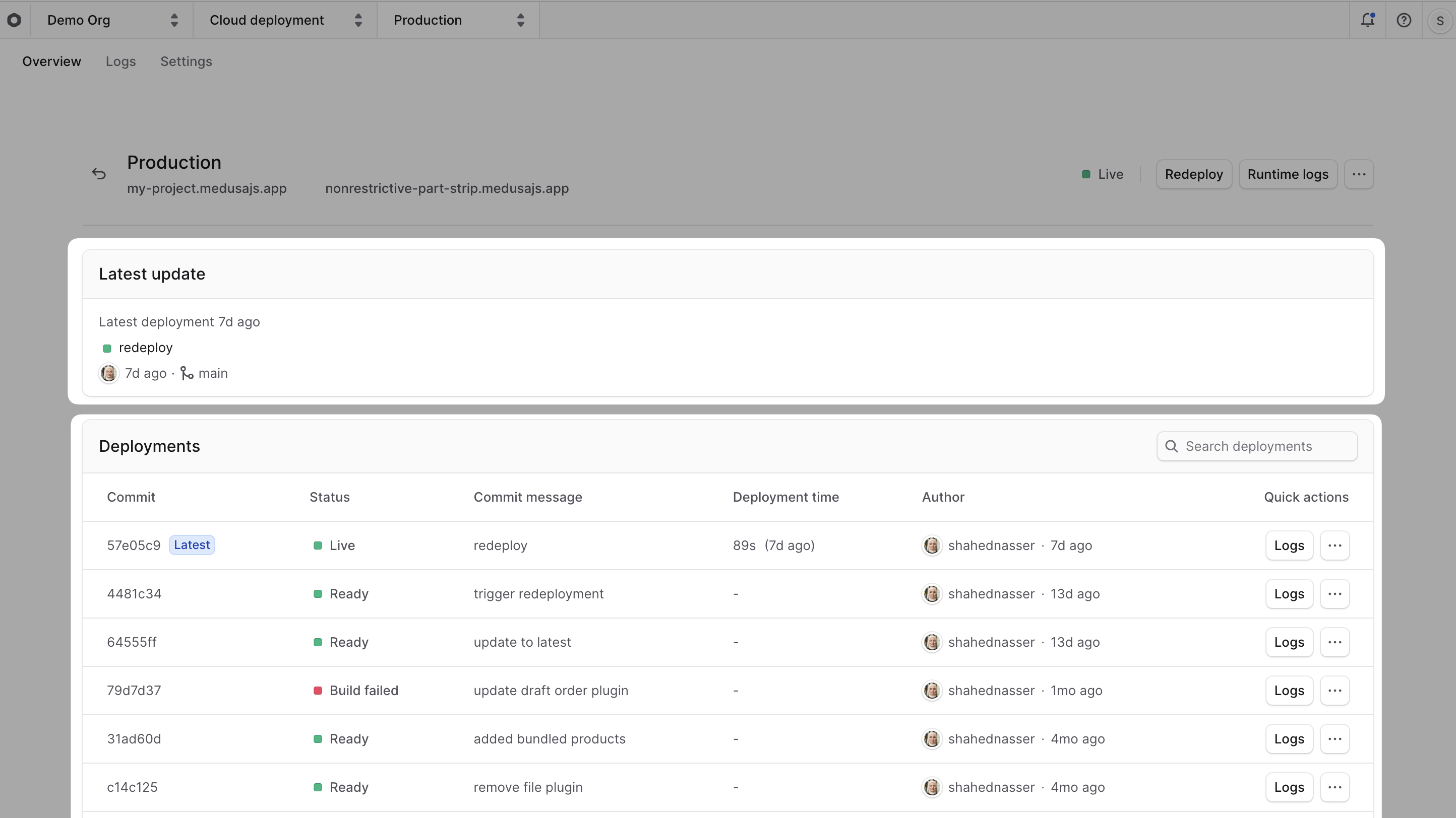 Production environment details page with deployment cards highlighted