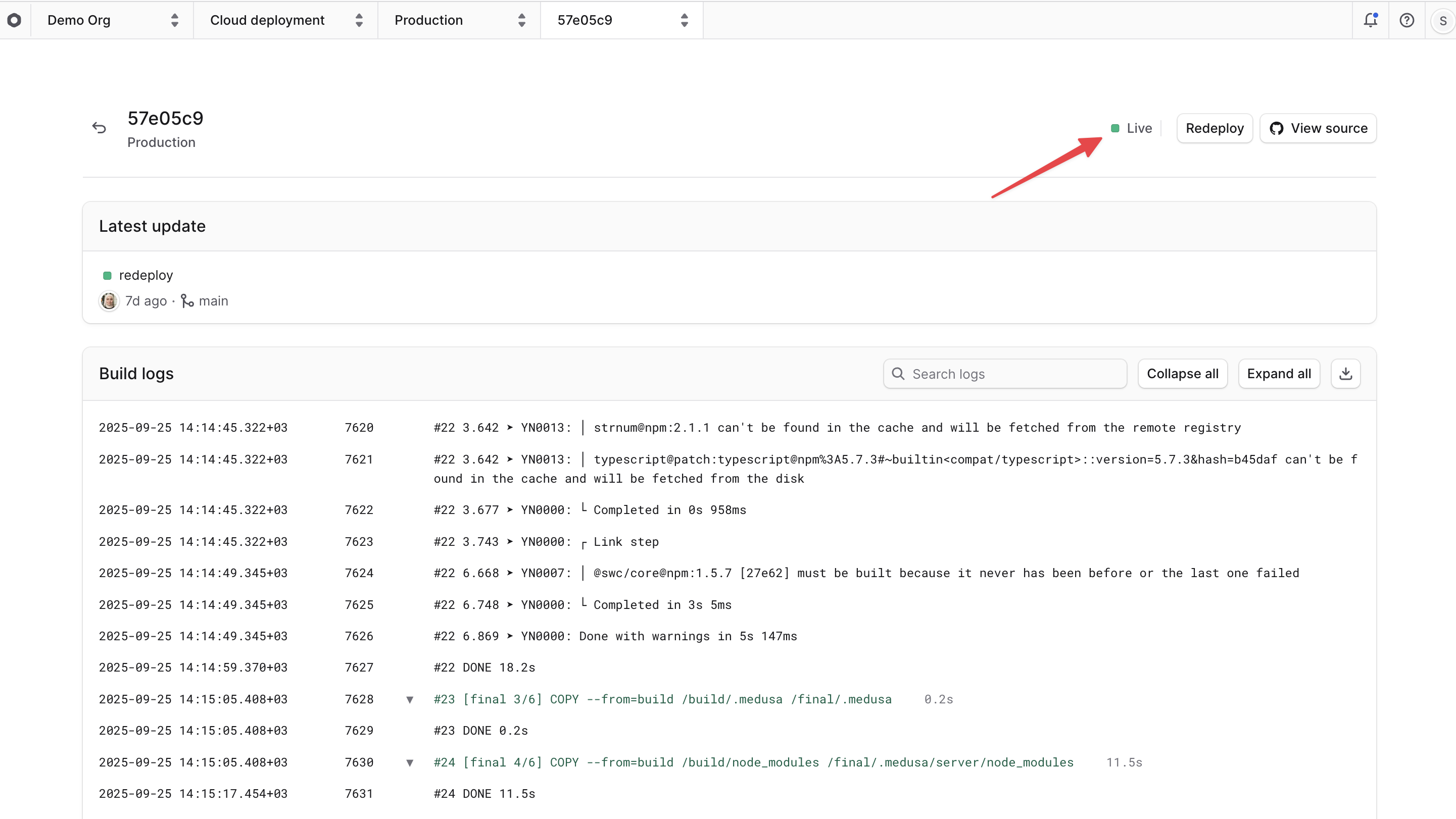 Redeploy button highlighted on the deployment details page
