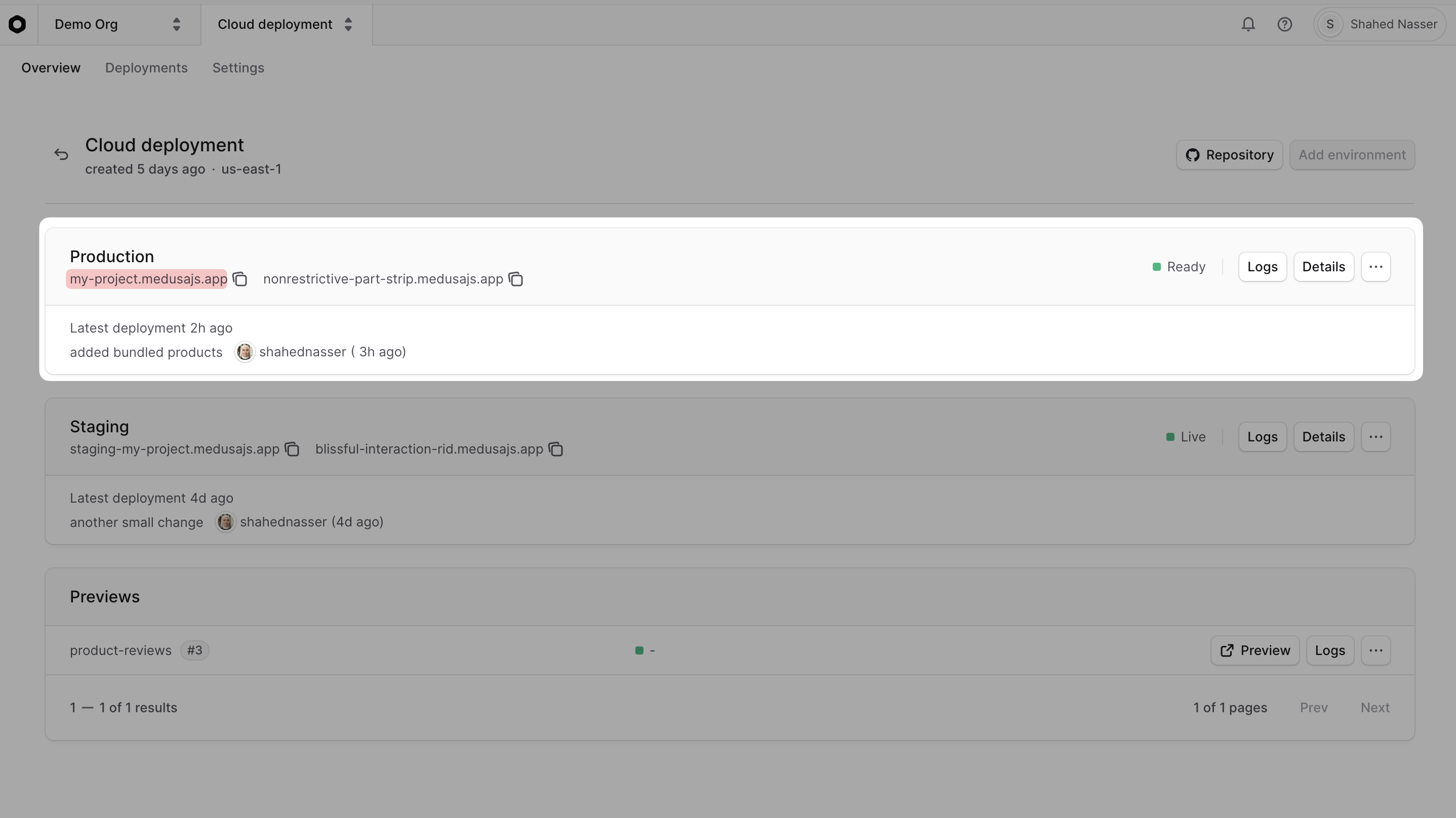 URL of environment in its card under the environment's name
