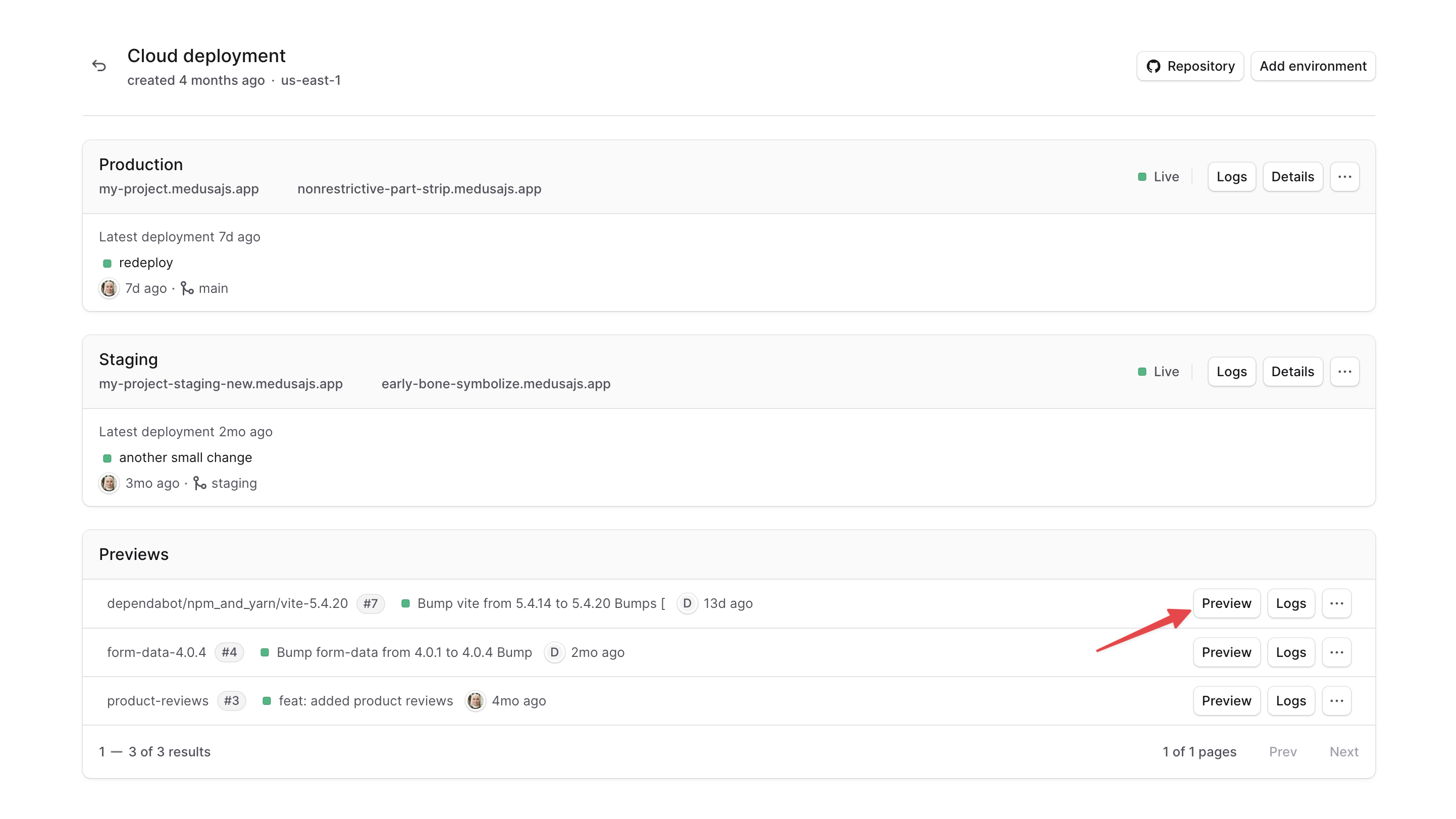 Preview button in the project's dashboard
