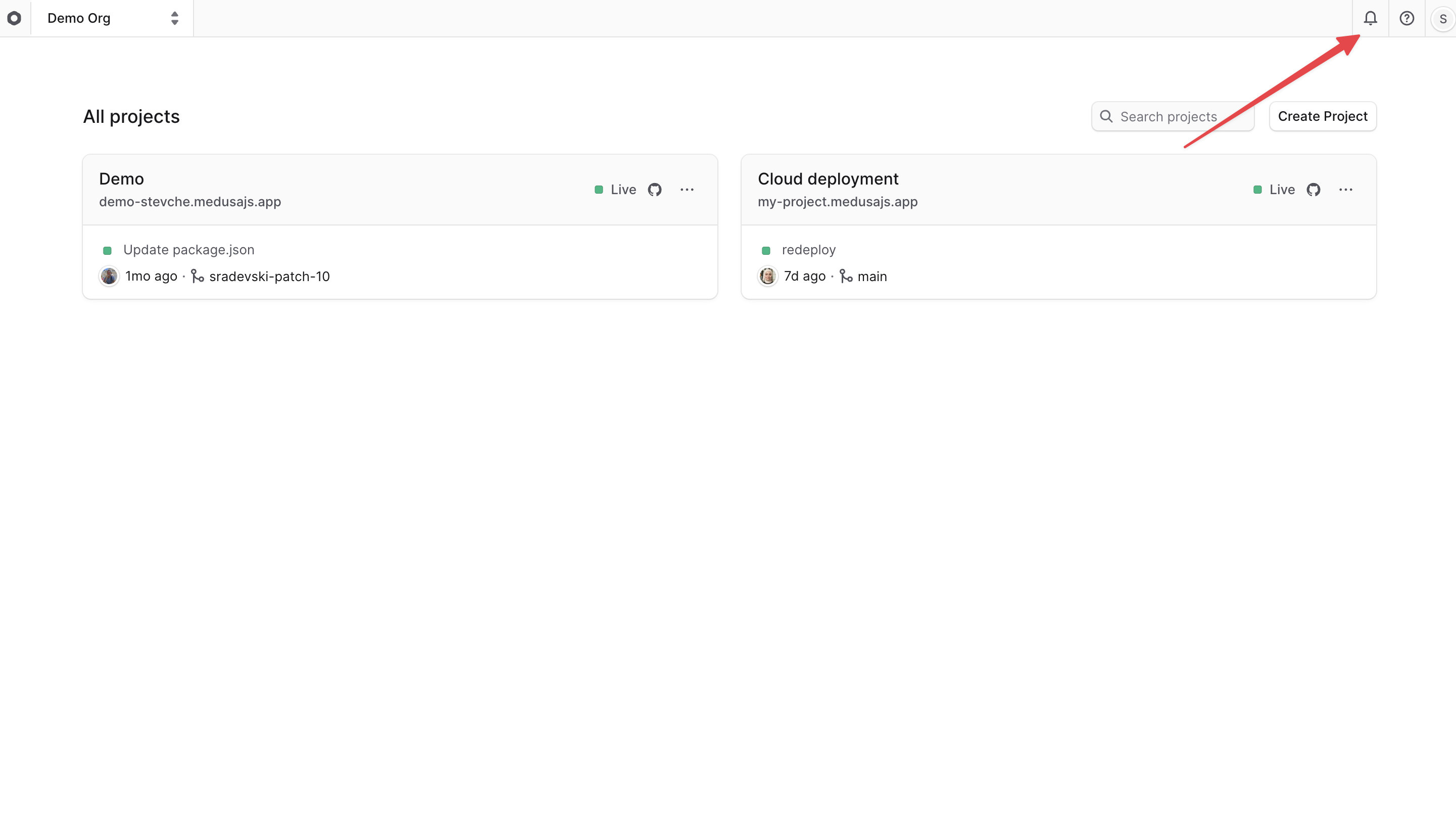 Bell icon at the top right of the Cloud dashboard