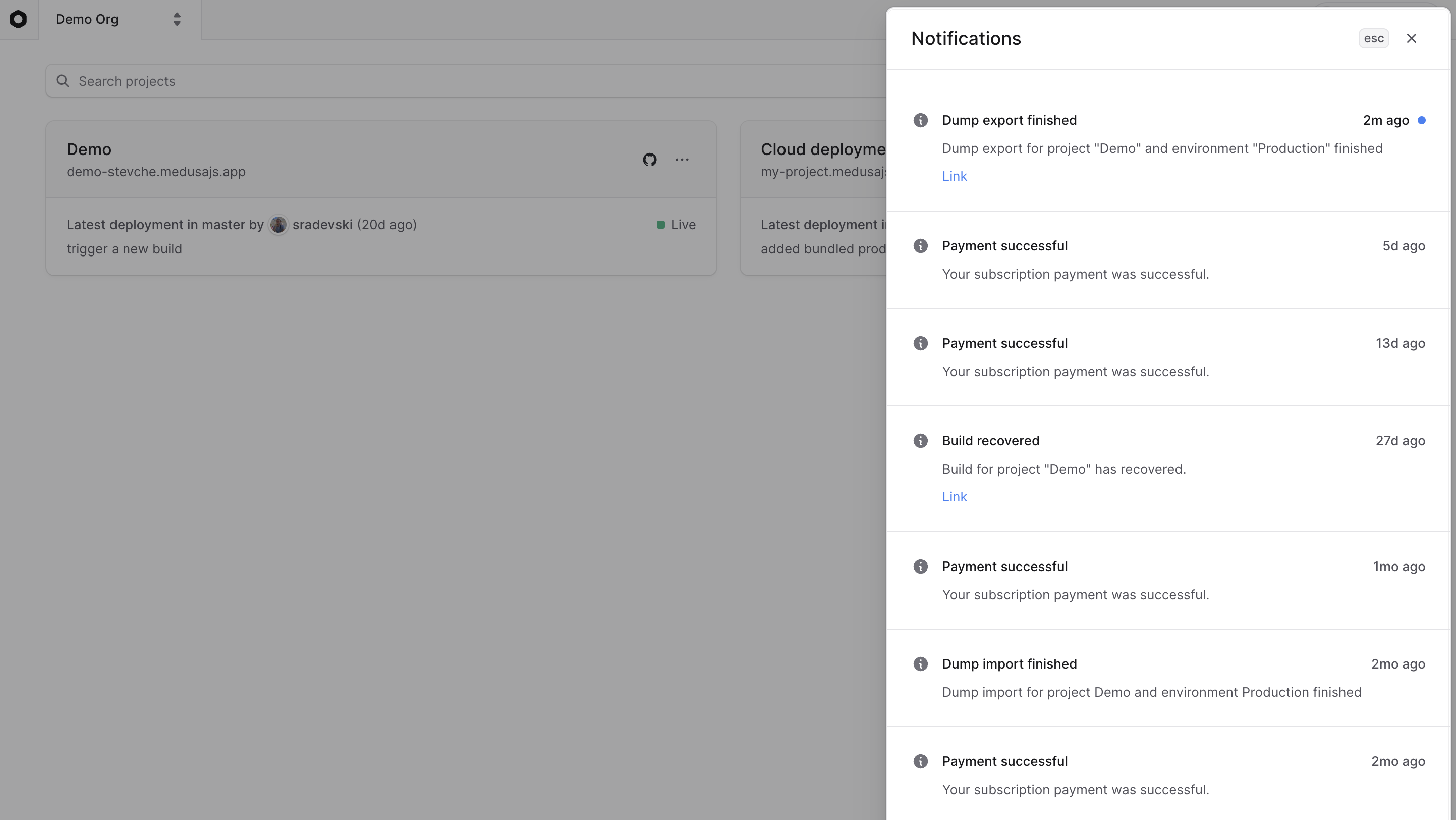 Notifications sidebar showing a list of notifications