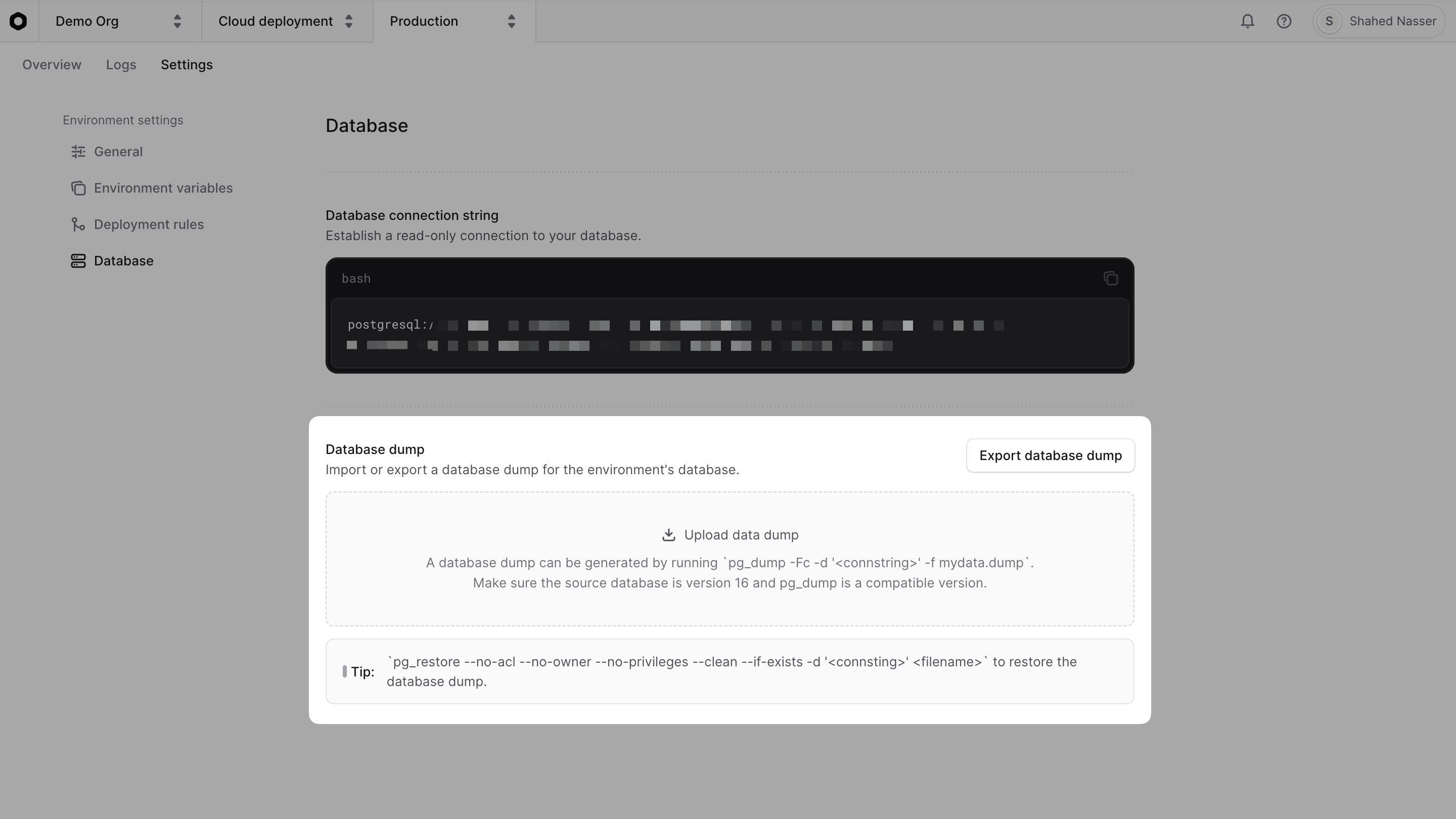 Database dump section highlighted in the environment settings
