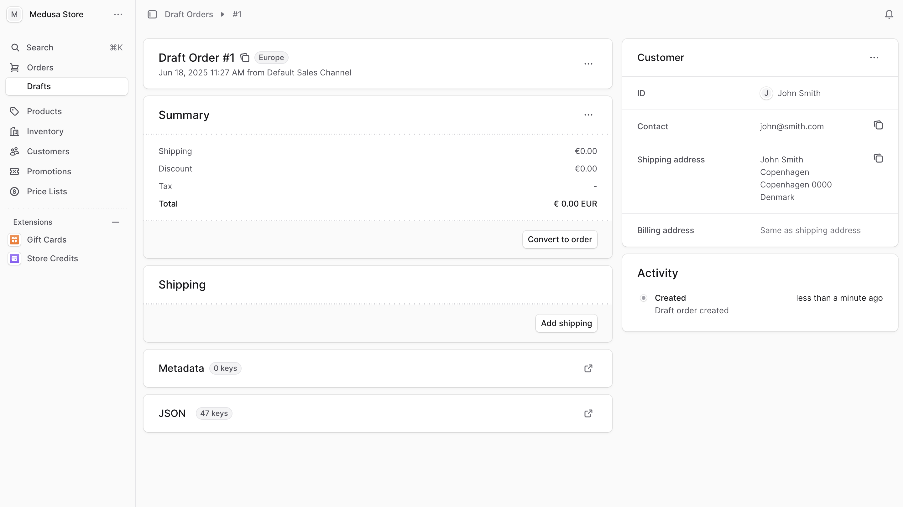 A screenshot of the draft order management interface in the Medusa Admin dashboard