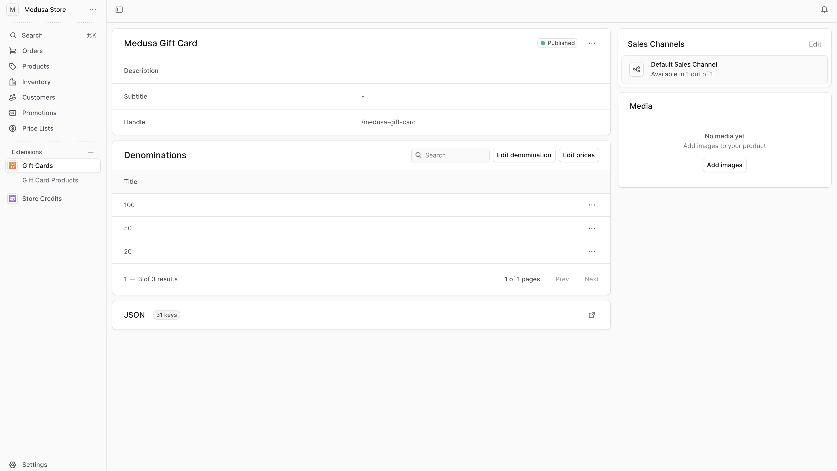 A screenshot of a gift card's details in the Medusa Admin dashboard