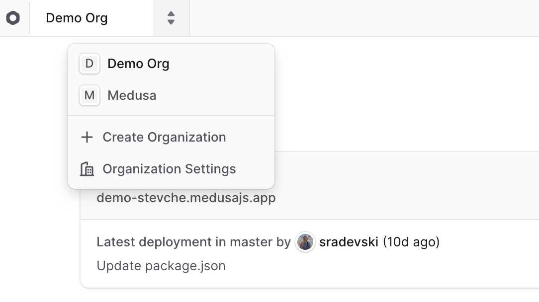 Organization switcher dropdown opened