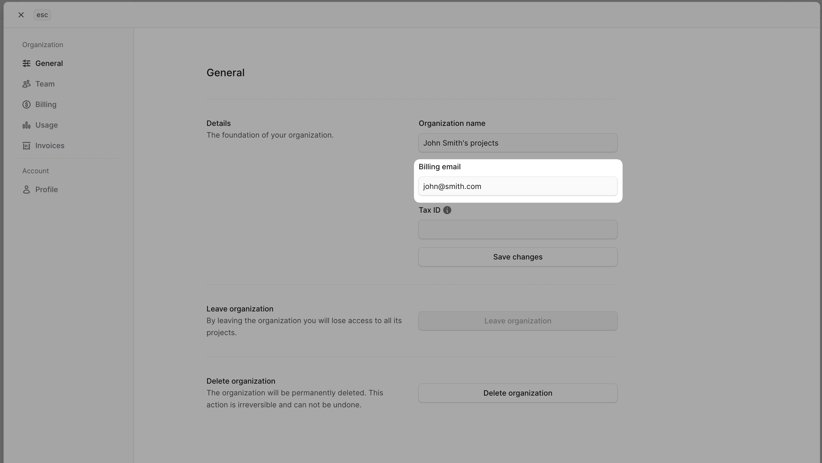 Billing email field highlighted in the General settings