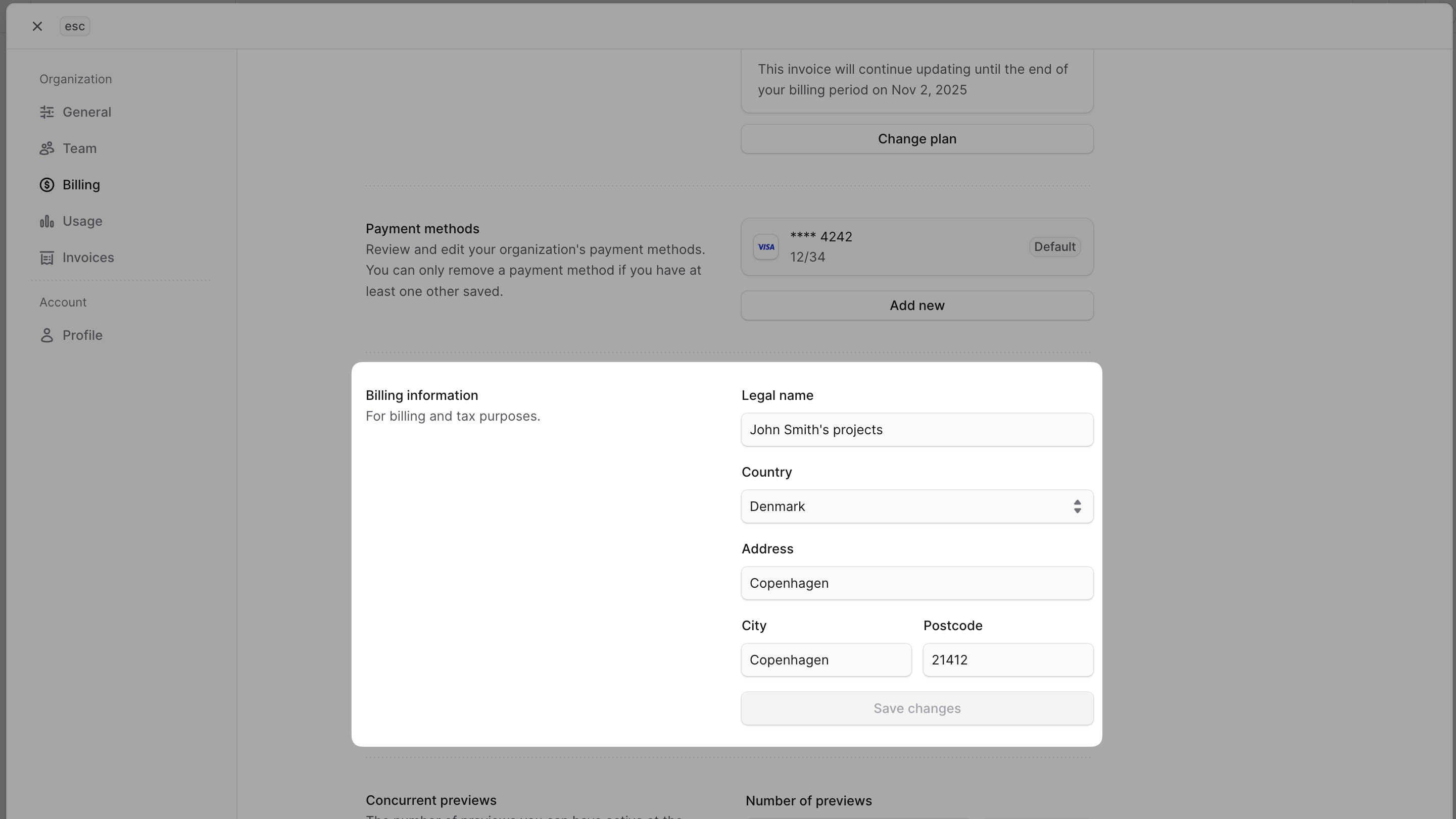 Billing information section in the Billing settings