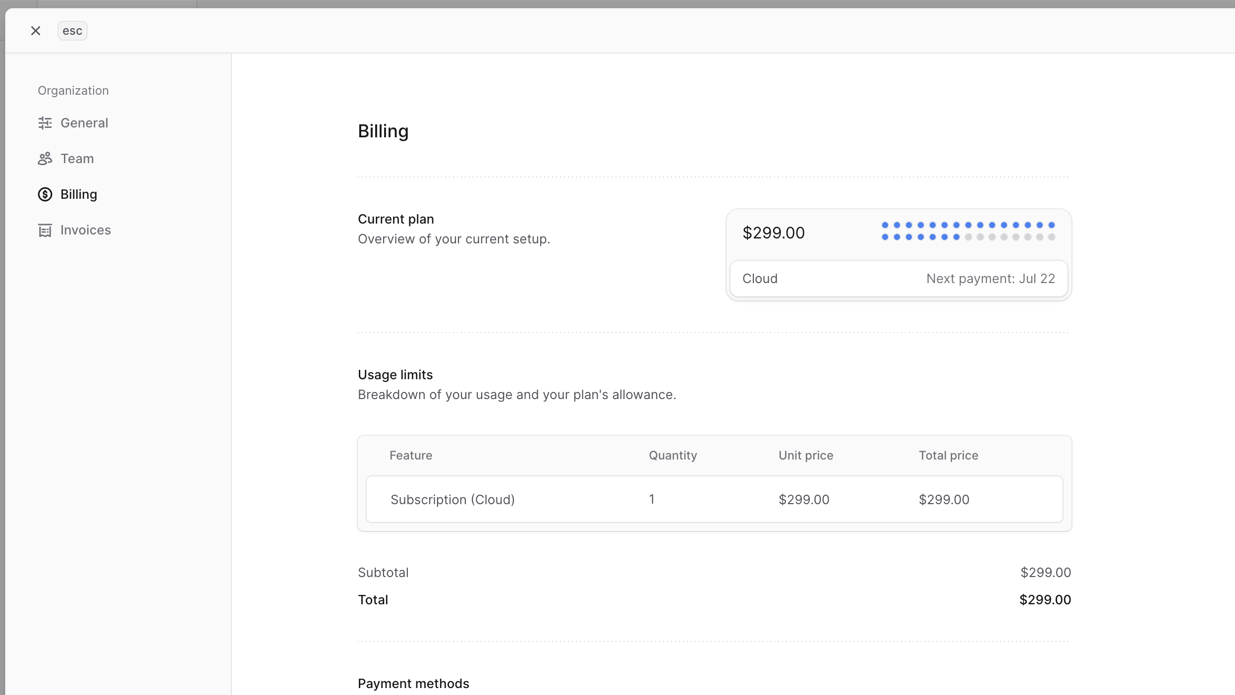 Usage limits sections in the Billing settings