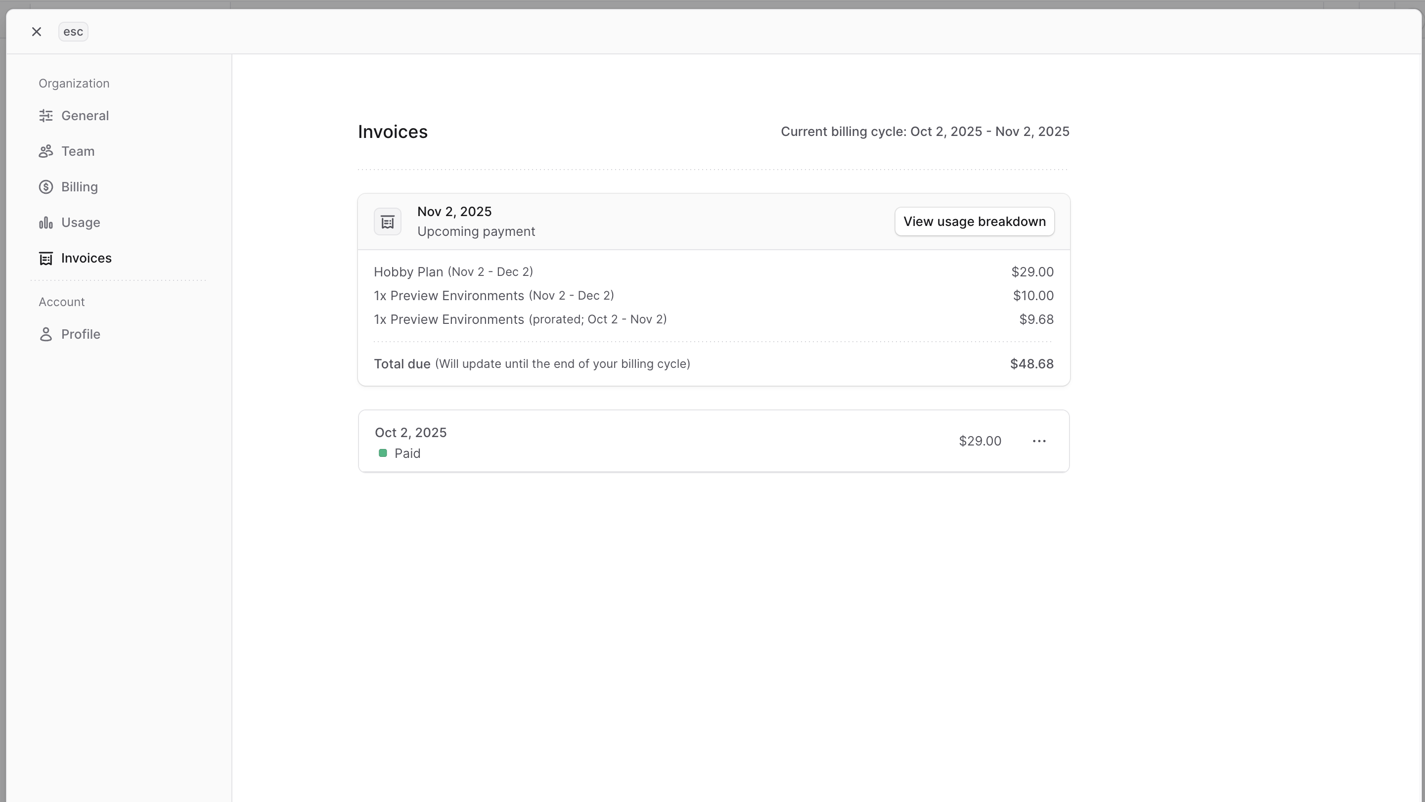 Invoices section in the Invoices settings