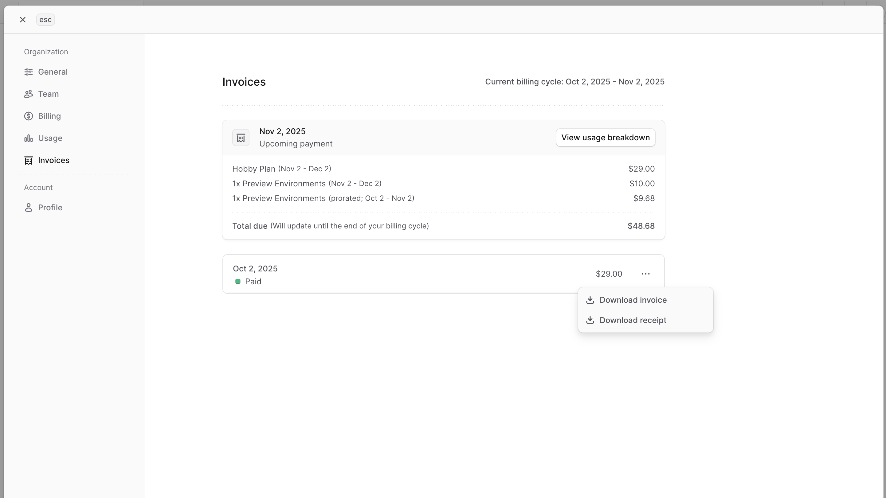 Download receipt icon in the Invoices settings