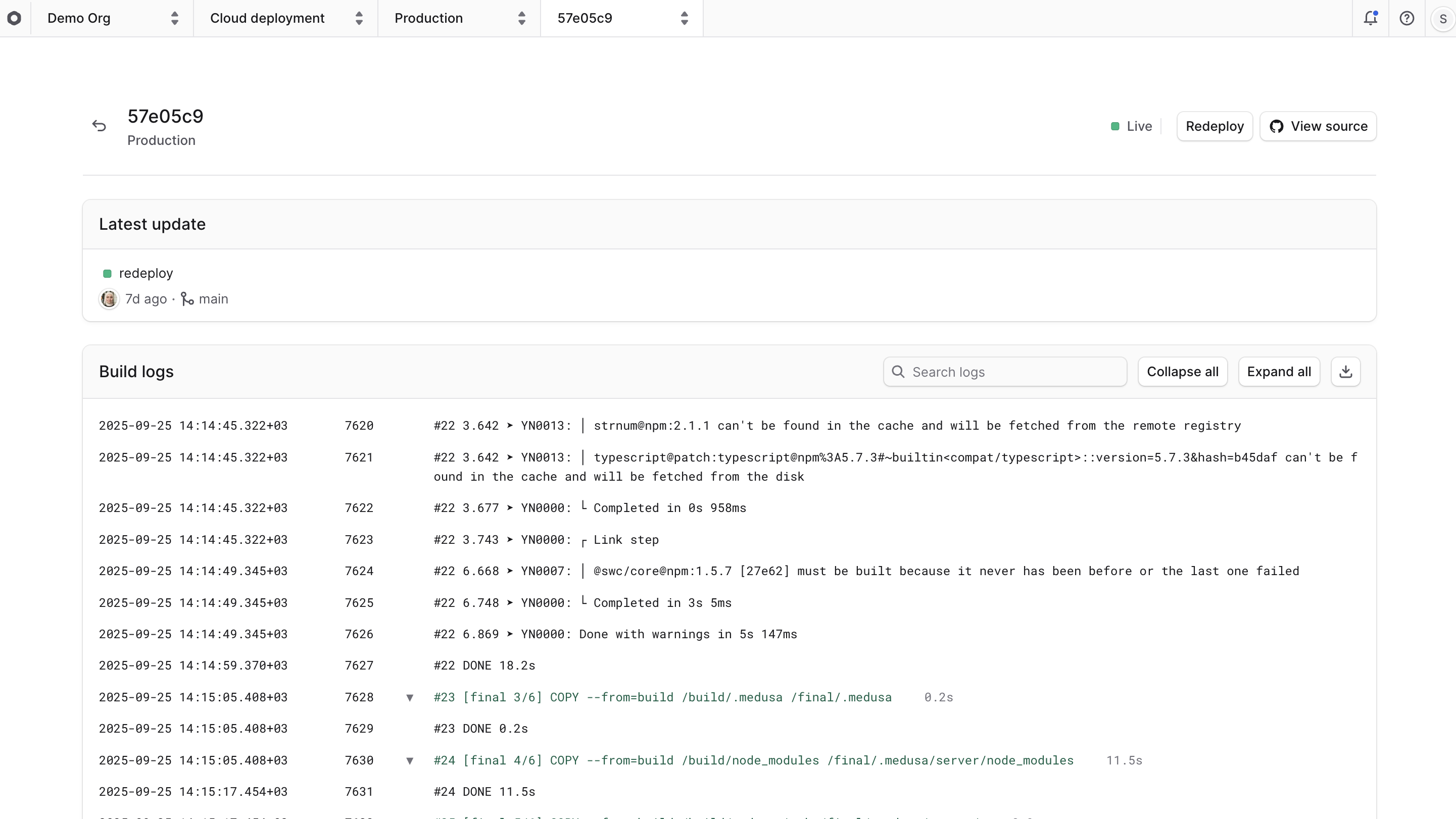 Build Logs for a deployment