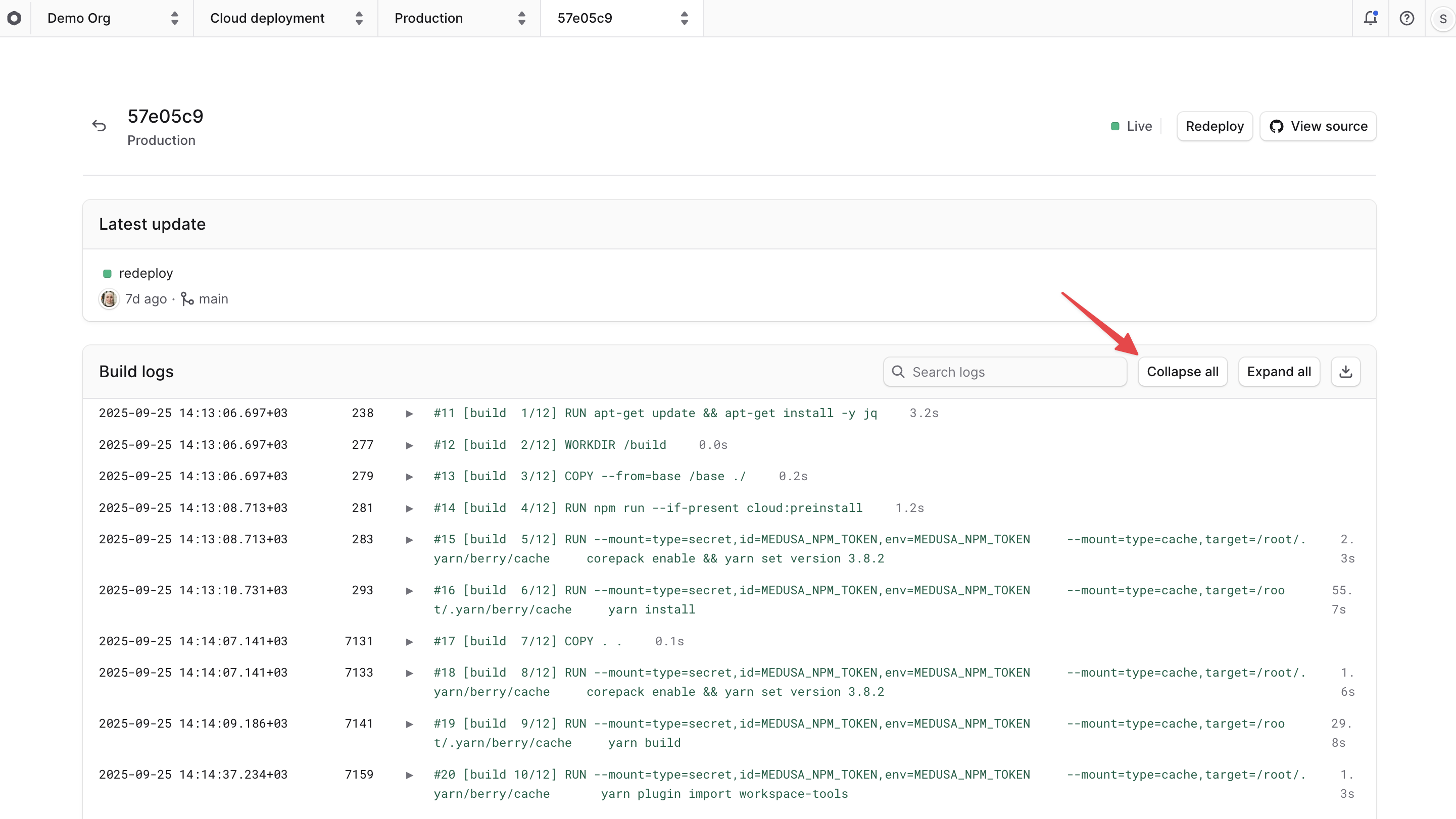 Build logs collapsed