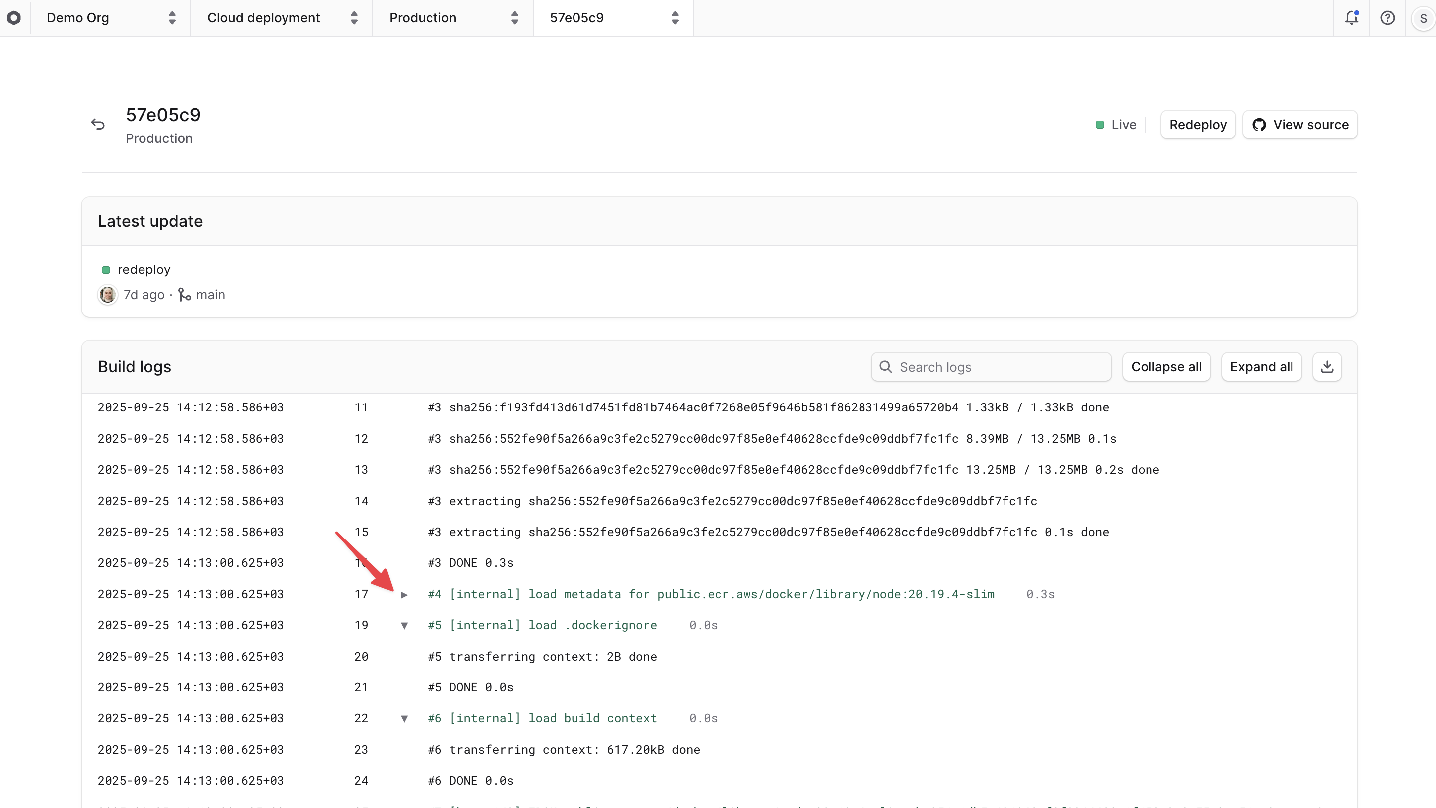 Build logs with one step collapsed