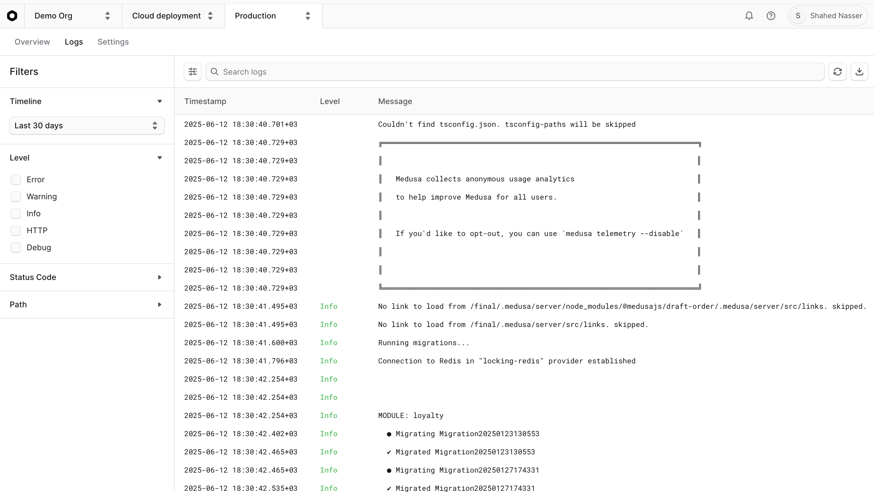 Runtime Logs for an environment