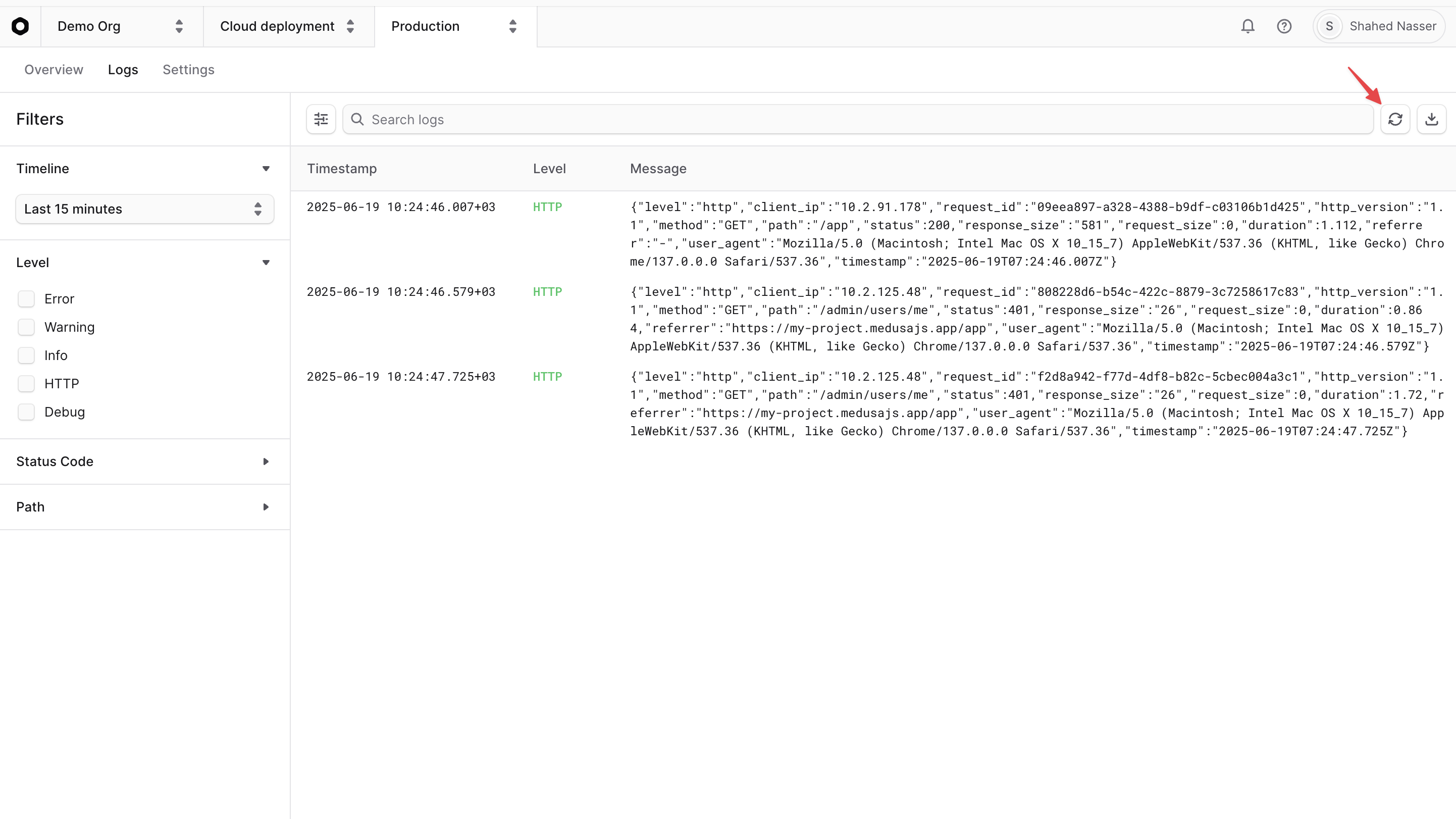 Refresh Runtime Logs button