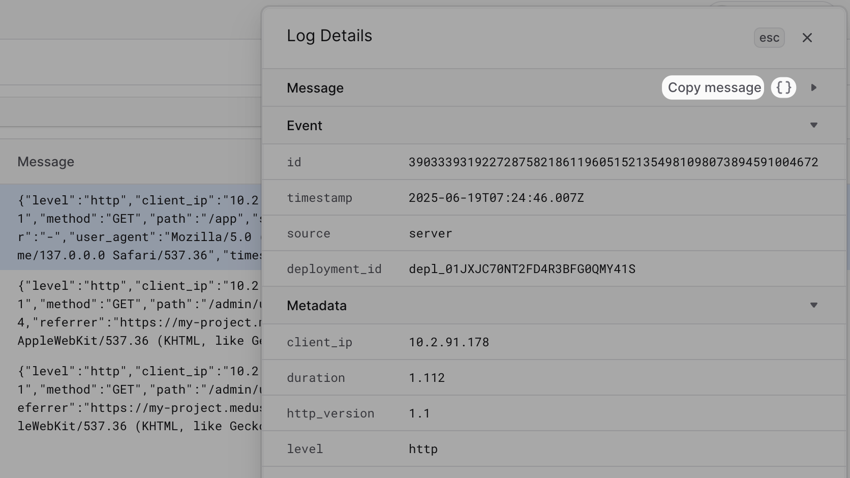 Buttons at the top right of the logs details sidebar