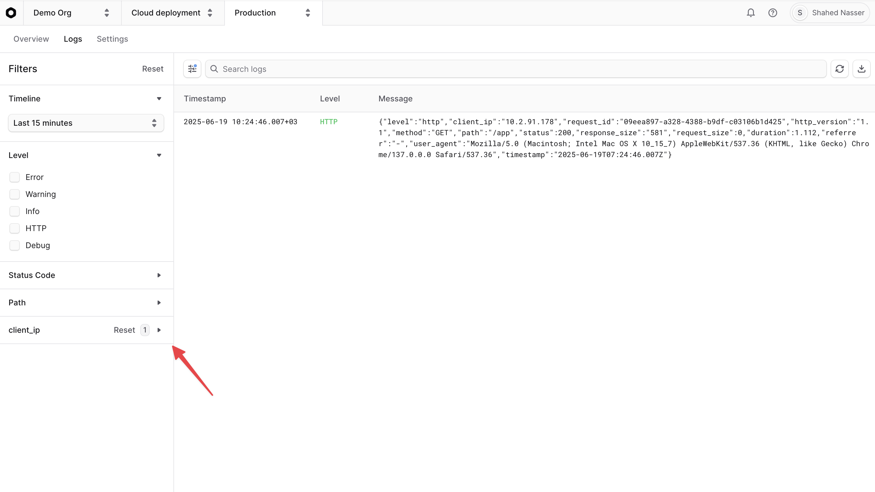 Metadata filter applied to the logs