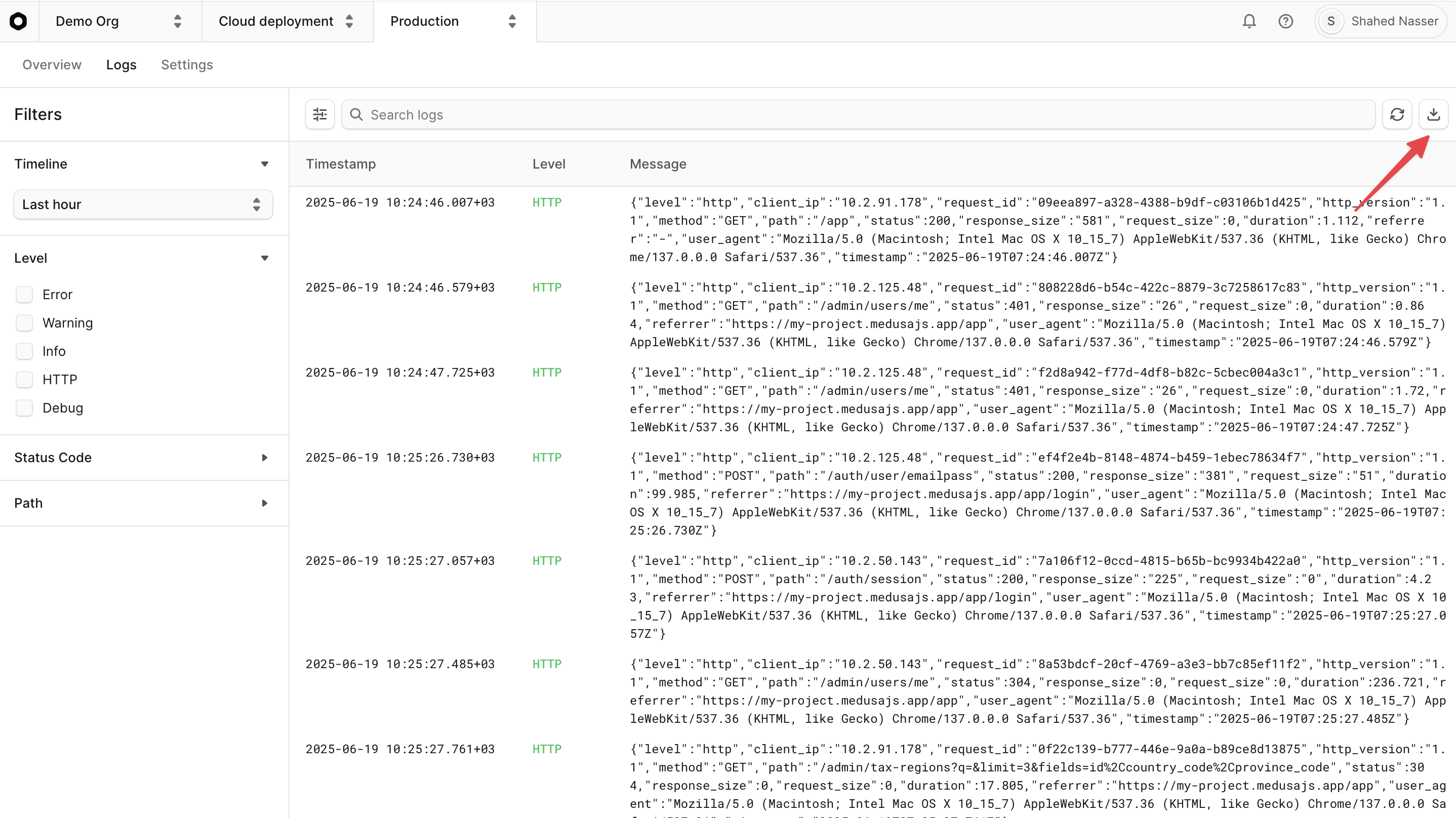 Download Runtime Logs button