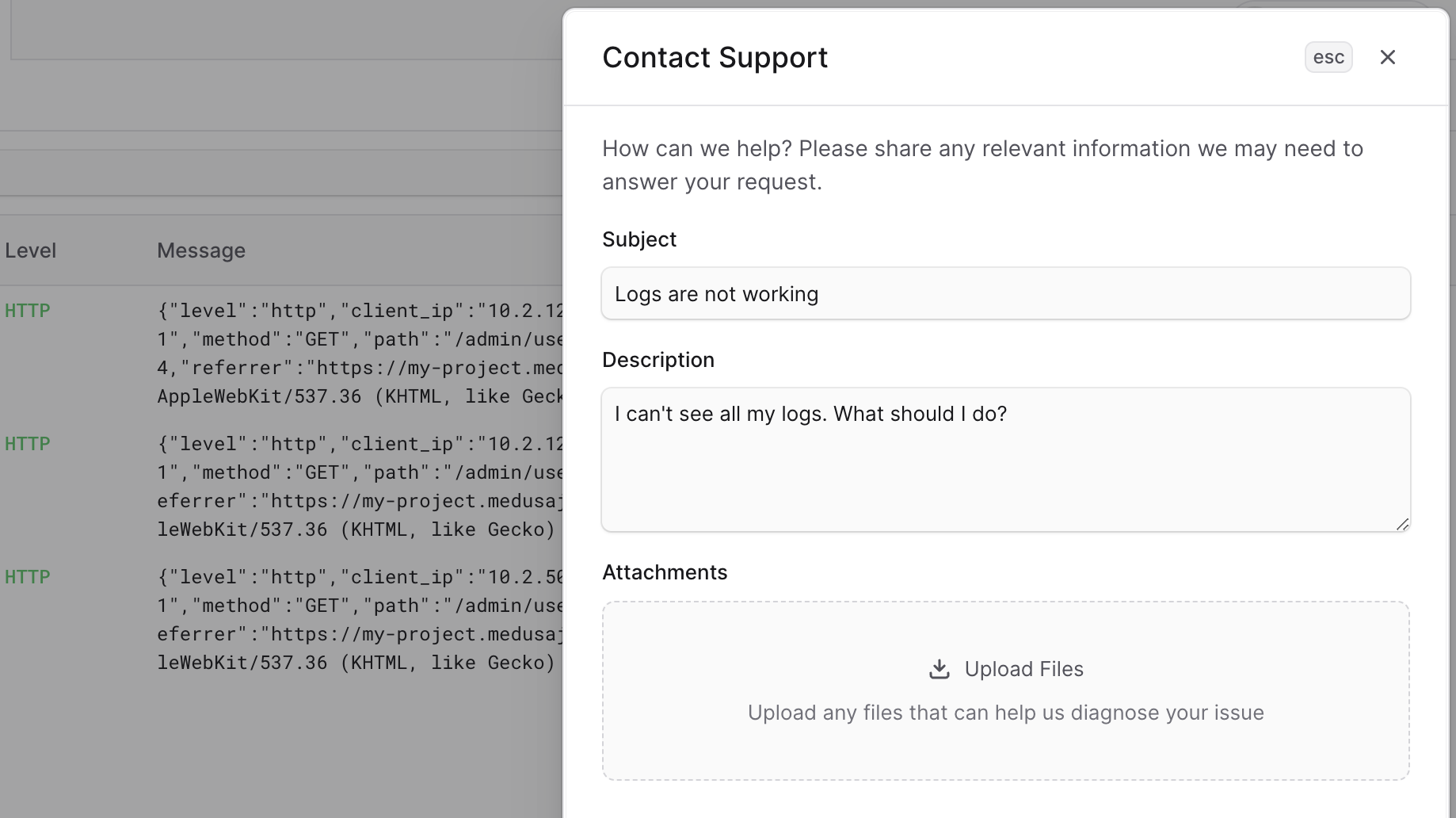 Contact support form in the Cloud dashboard