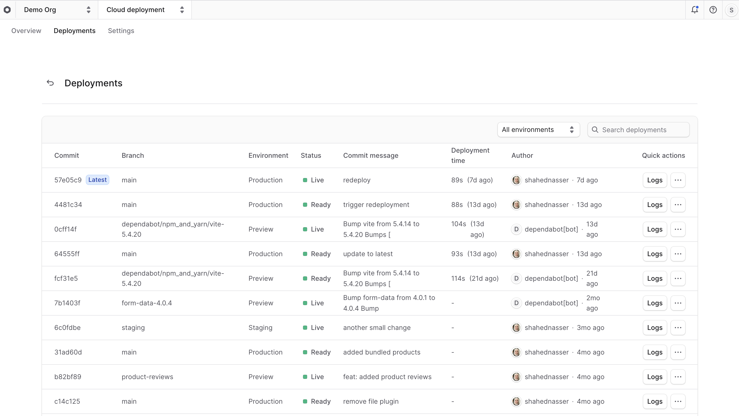Cloud project dashboard showing the Deployments tab interface with a table displaying deployment history including columns for branch names, target environments, deployment status indicators, commit information, and timestamps for tracking project deployment activity