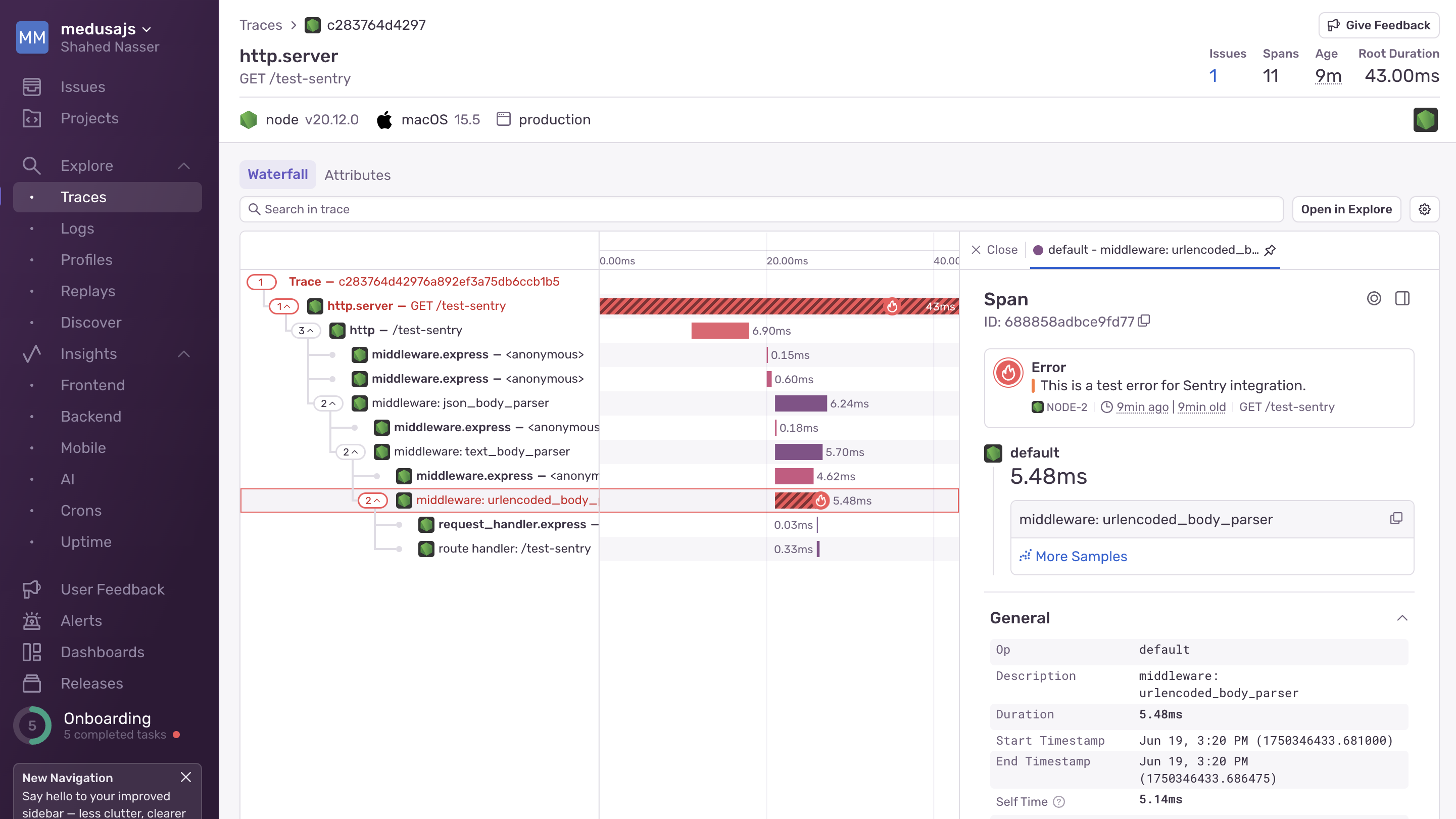 Sentry trace details with error message