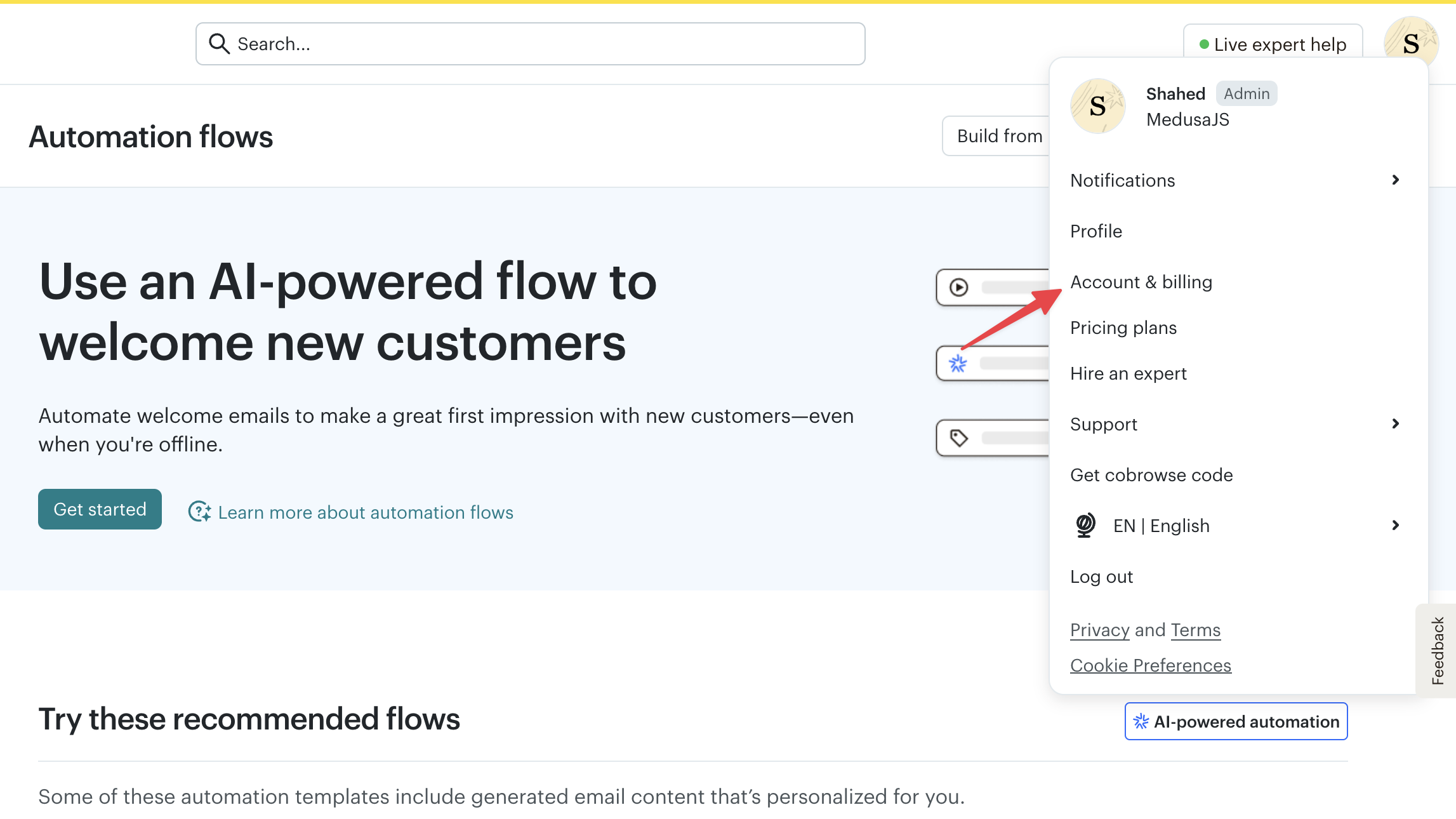 Mailchimp dashboard with the profile menu opened