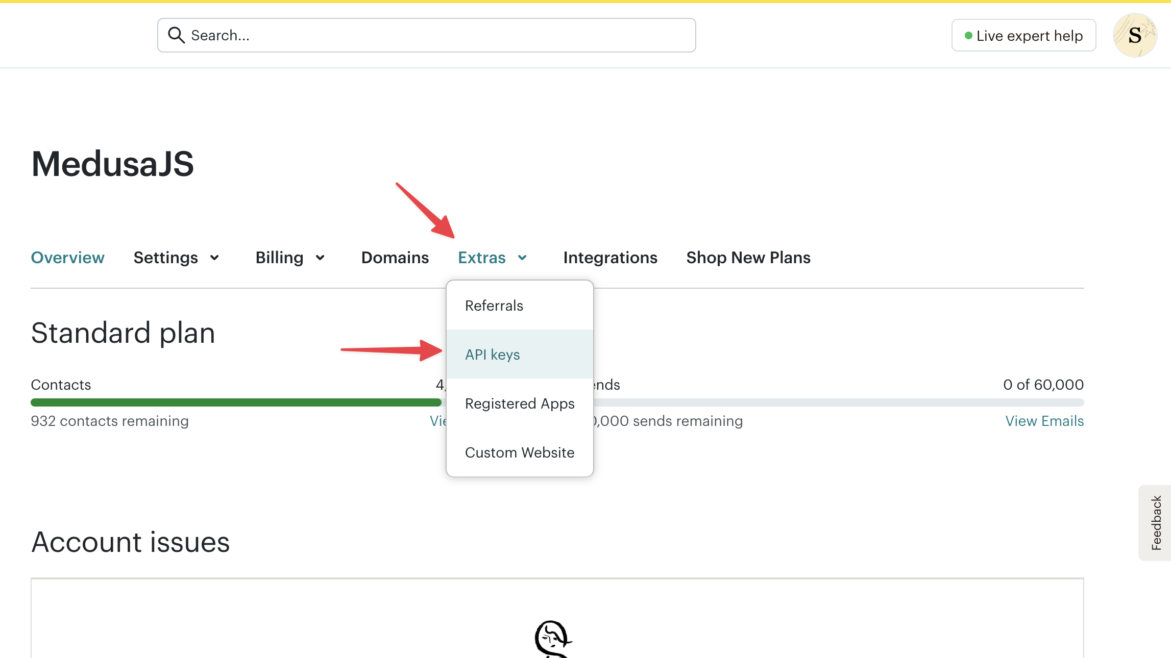 Mailchimp account page with the Extras dropdown opened