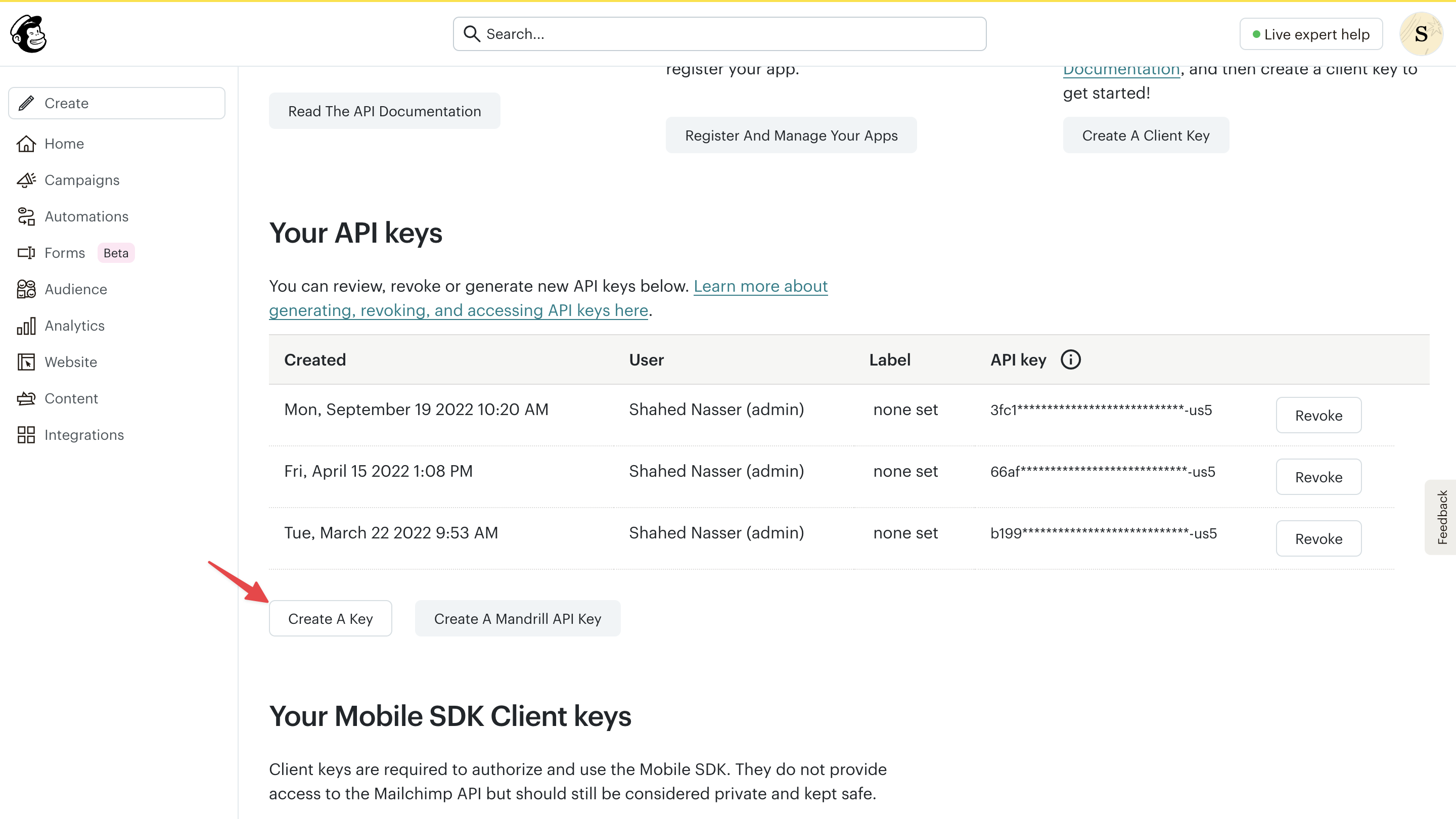Mailchimp API keys page with the Create A Key button highlighted