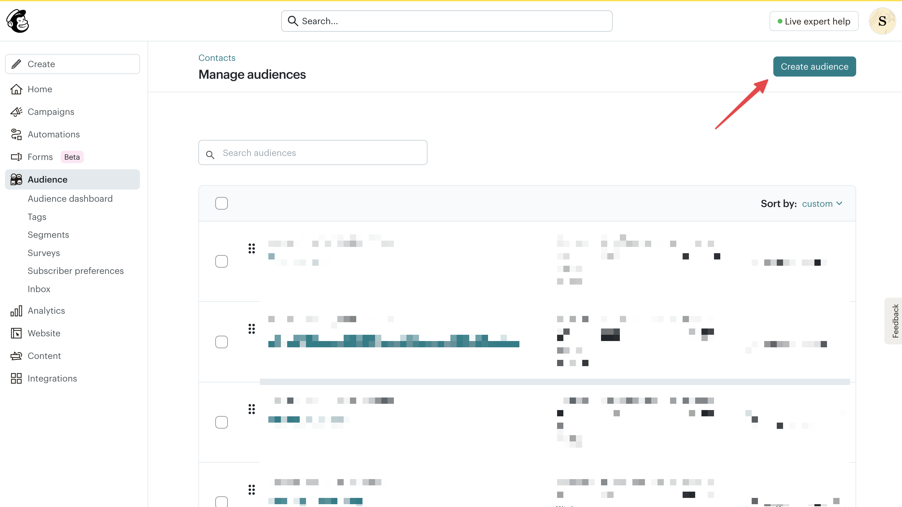 Mailchimp audience creation page with the Create Audience button highlighted