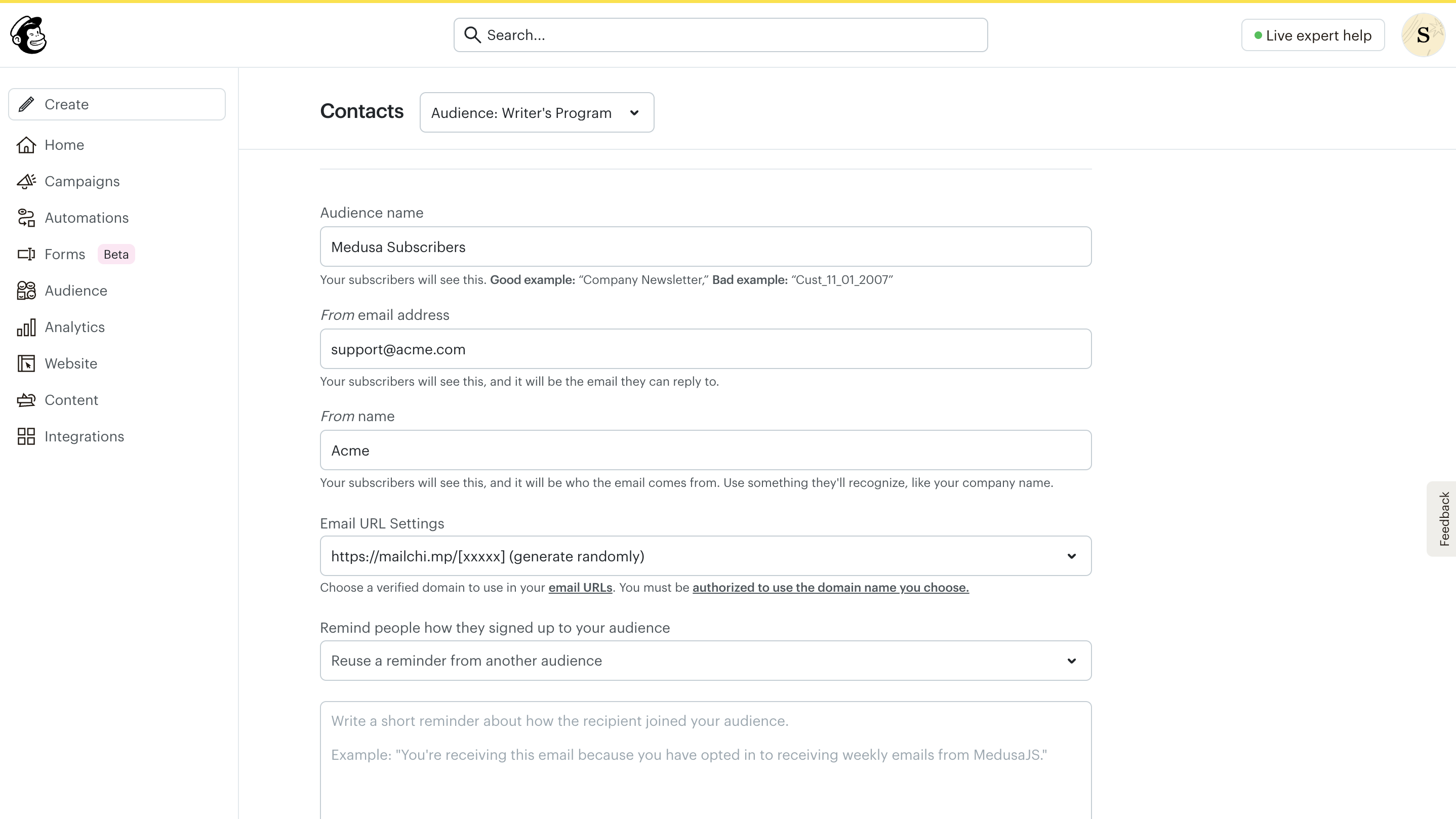 Mailchimp audience creation form with fields for audience name, default from email address, and default from name