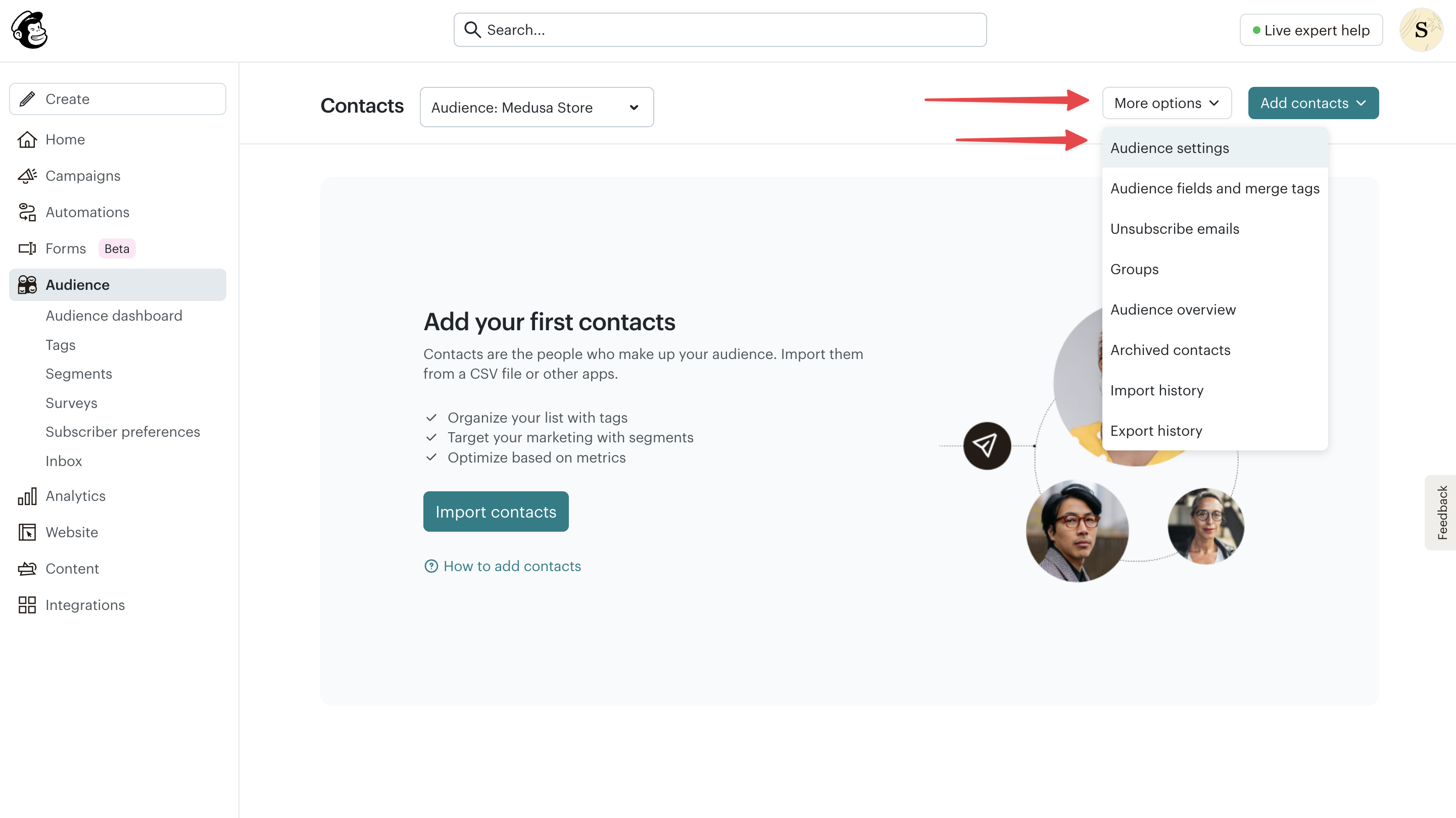 Mailchimp audience contacts page with the More options button highlighted