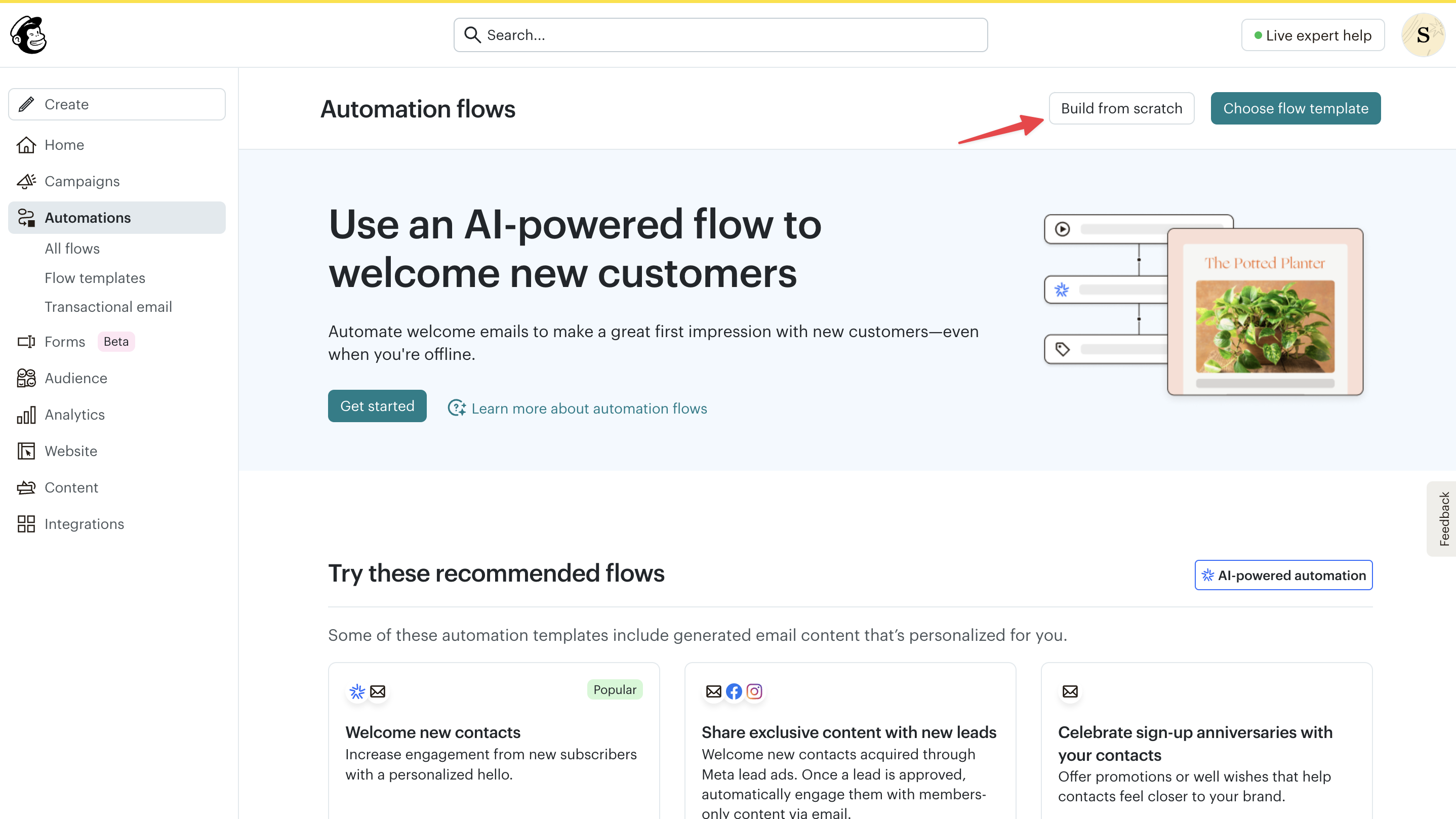 Mailchimp automations page with the Build from scratch button highlighted