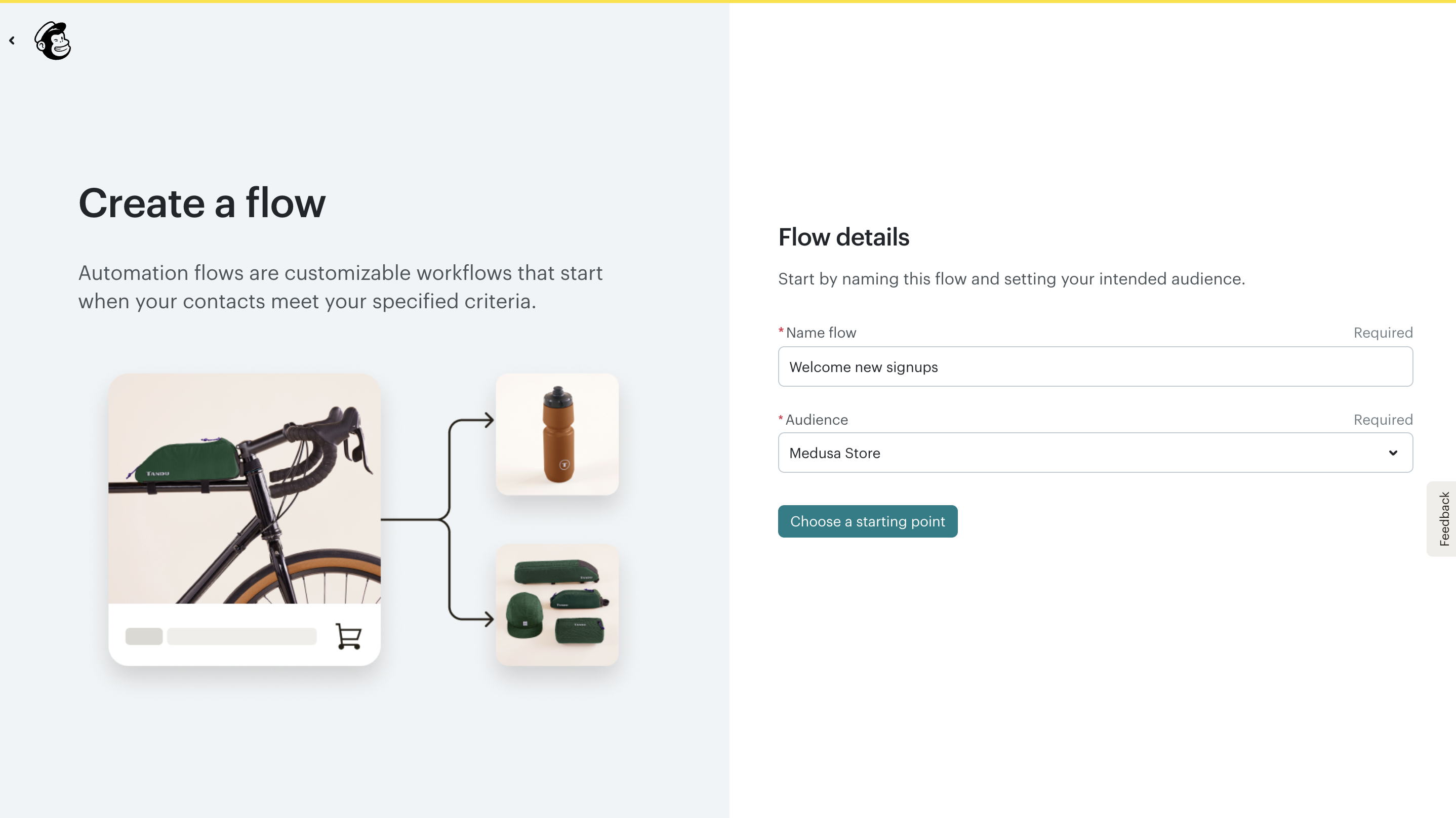 Mailchimp automation flow creation form with fields for flow name and audience selection