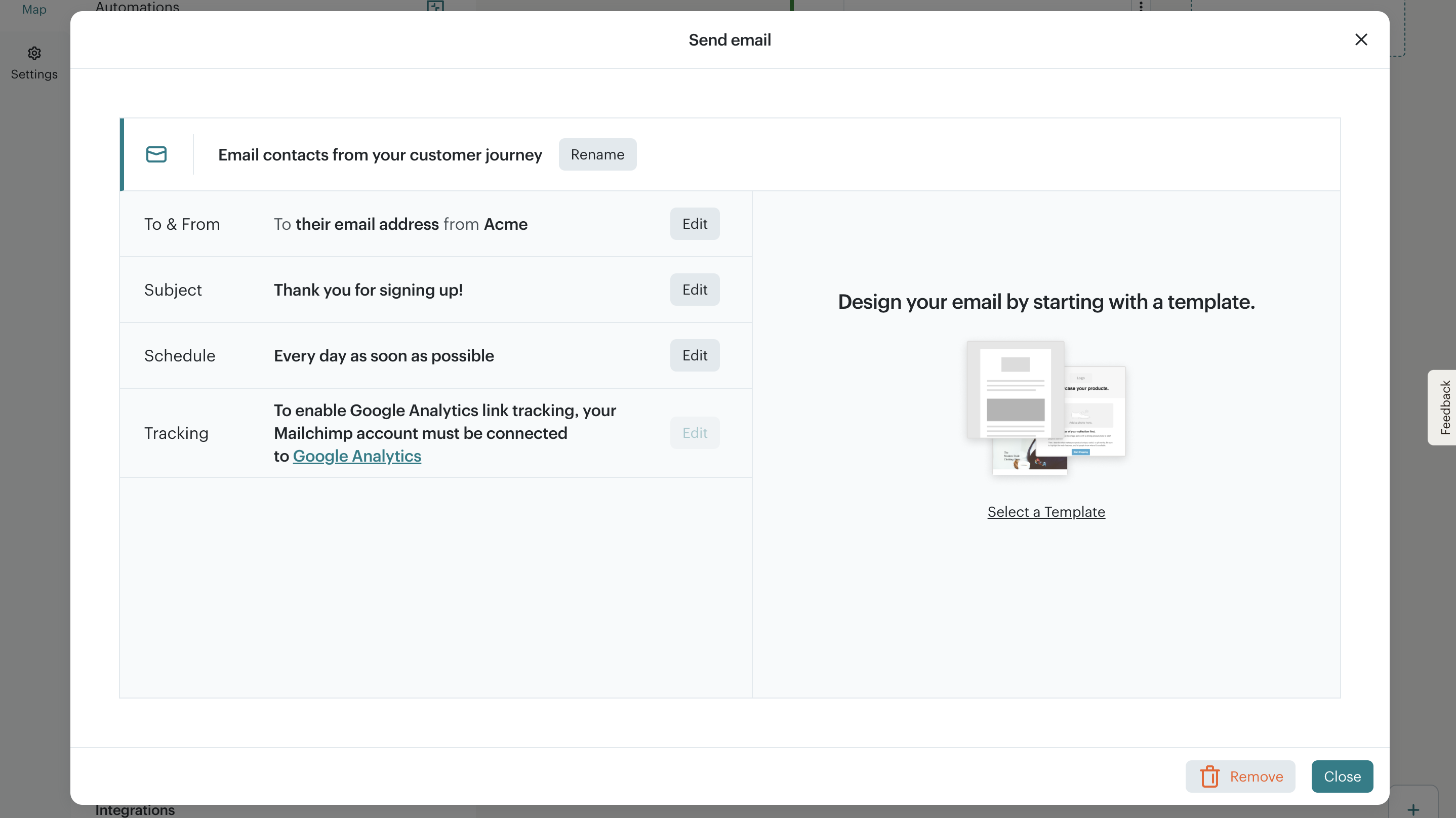 Mailchimp automation flow editor with the Send Email action highlighted