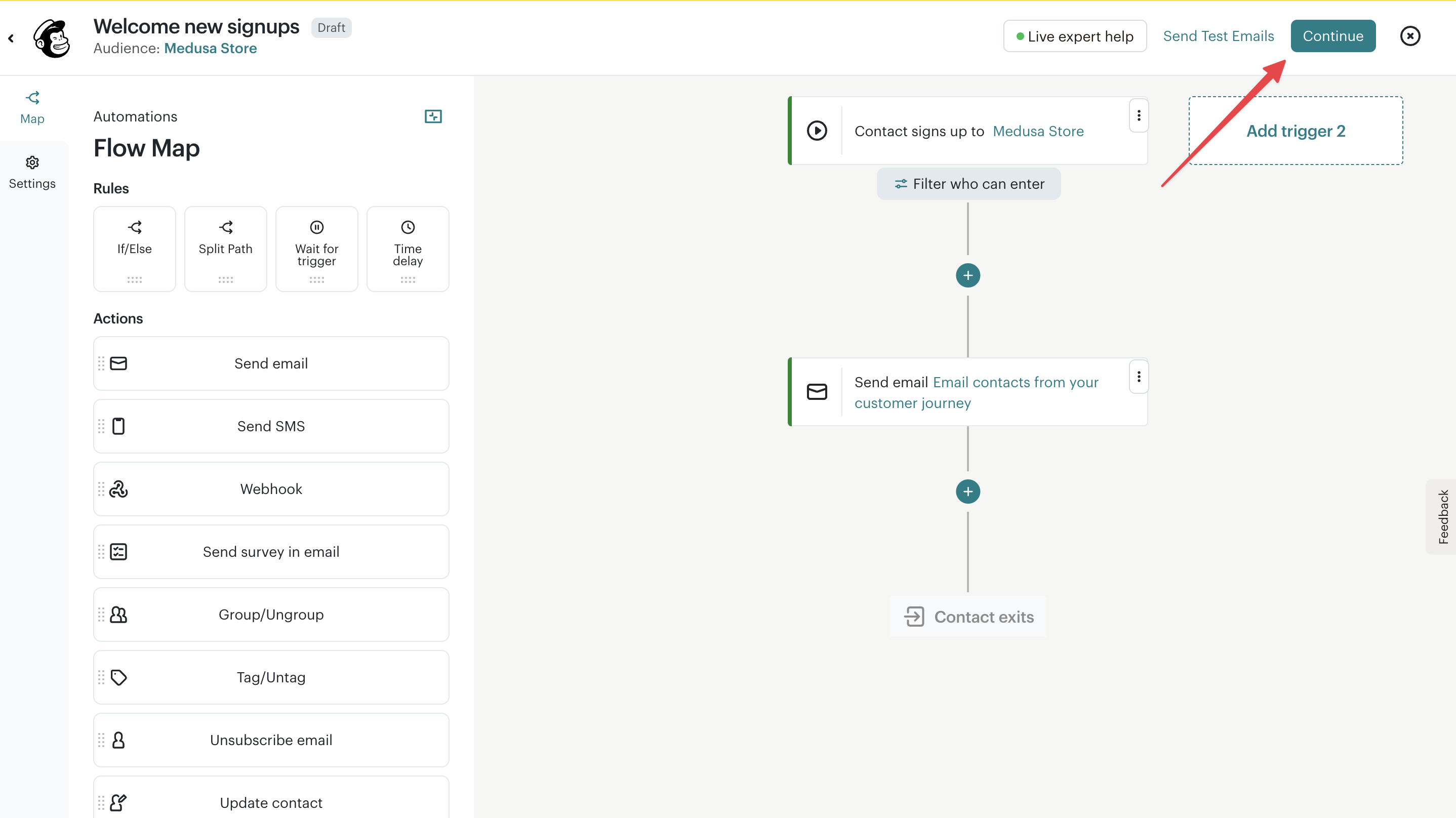 Mailchimp automation flow editor with the Continue button highlighted